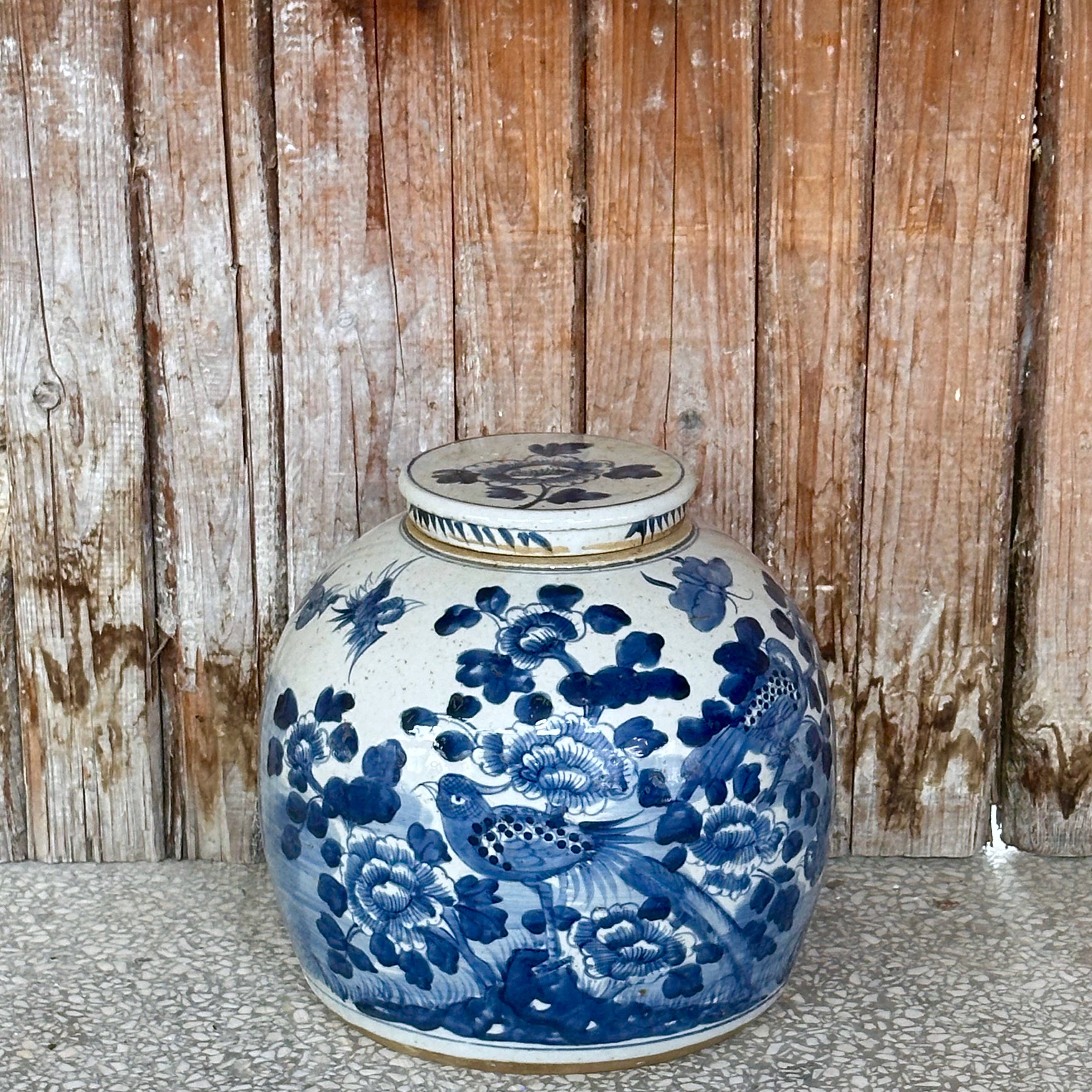 Blue & White Porcelain Bird & Flower Med. Round Storage Jar