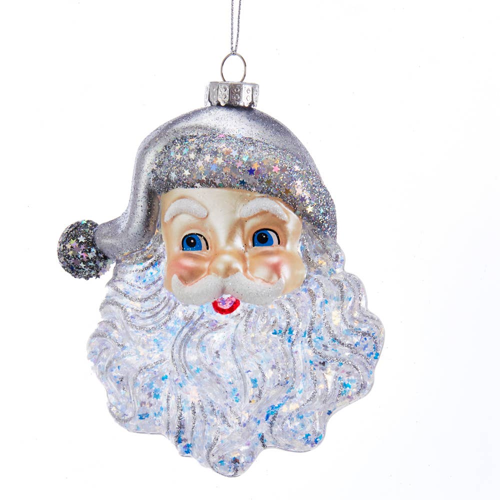 5"GLASS SANTA FACE W/SILVER GLITTER ORNAMENT