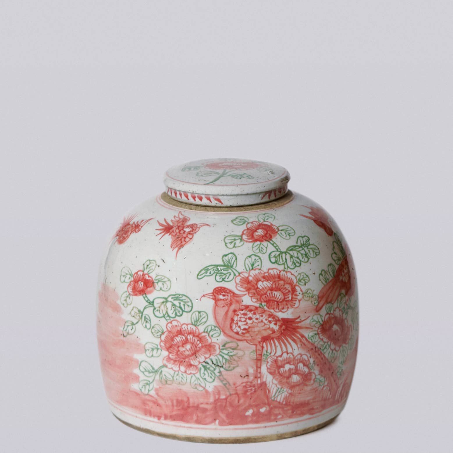 Pink and Green Porcelain Rustic Bird and Flower Lidded Jar: Medium