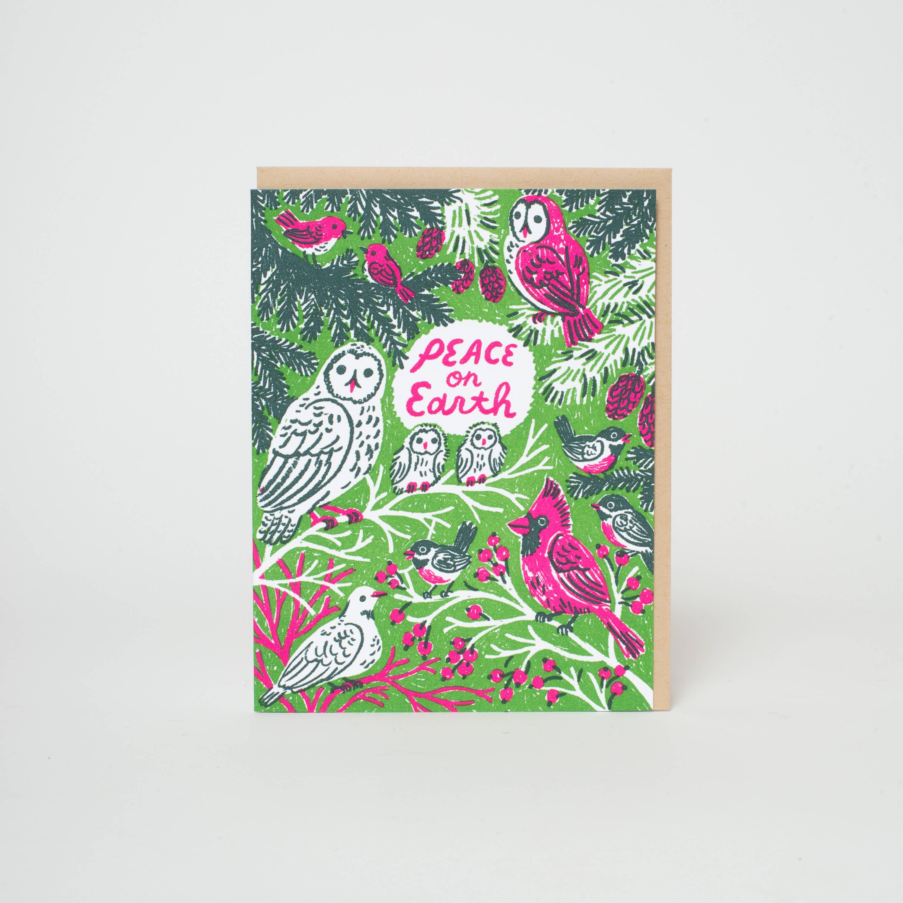 Peace Birds Letterpress Holiday Greeting Card by Phoebe Wahl: Plastic sleeve