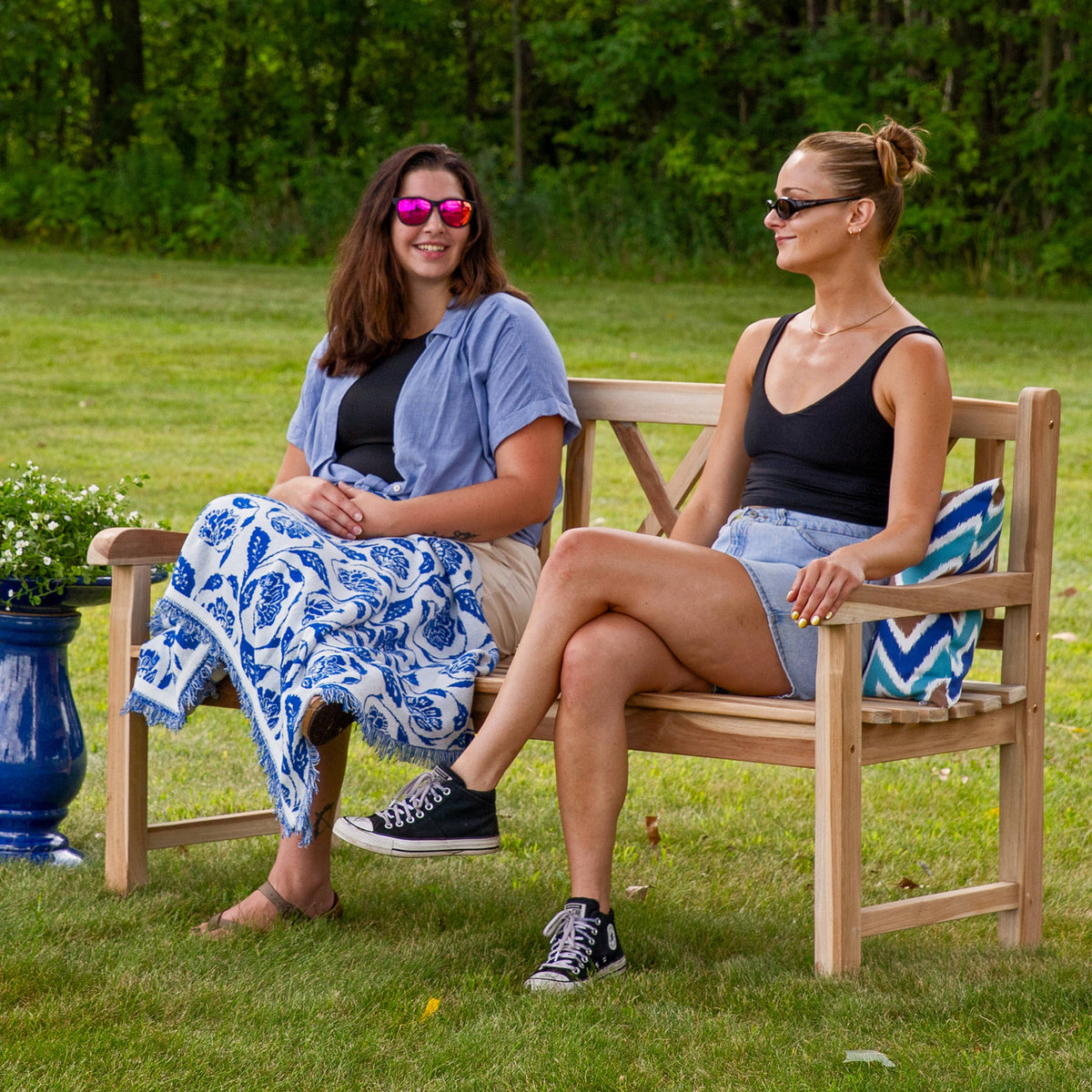59-Inch Cross-Back Teak Patio Garden Bench with Backrest