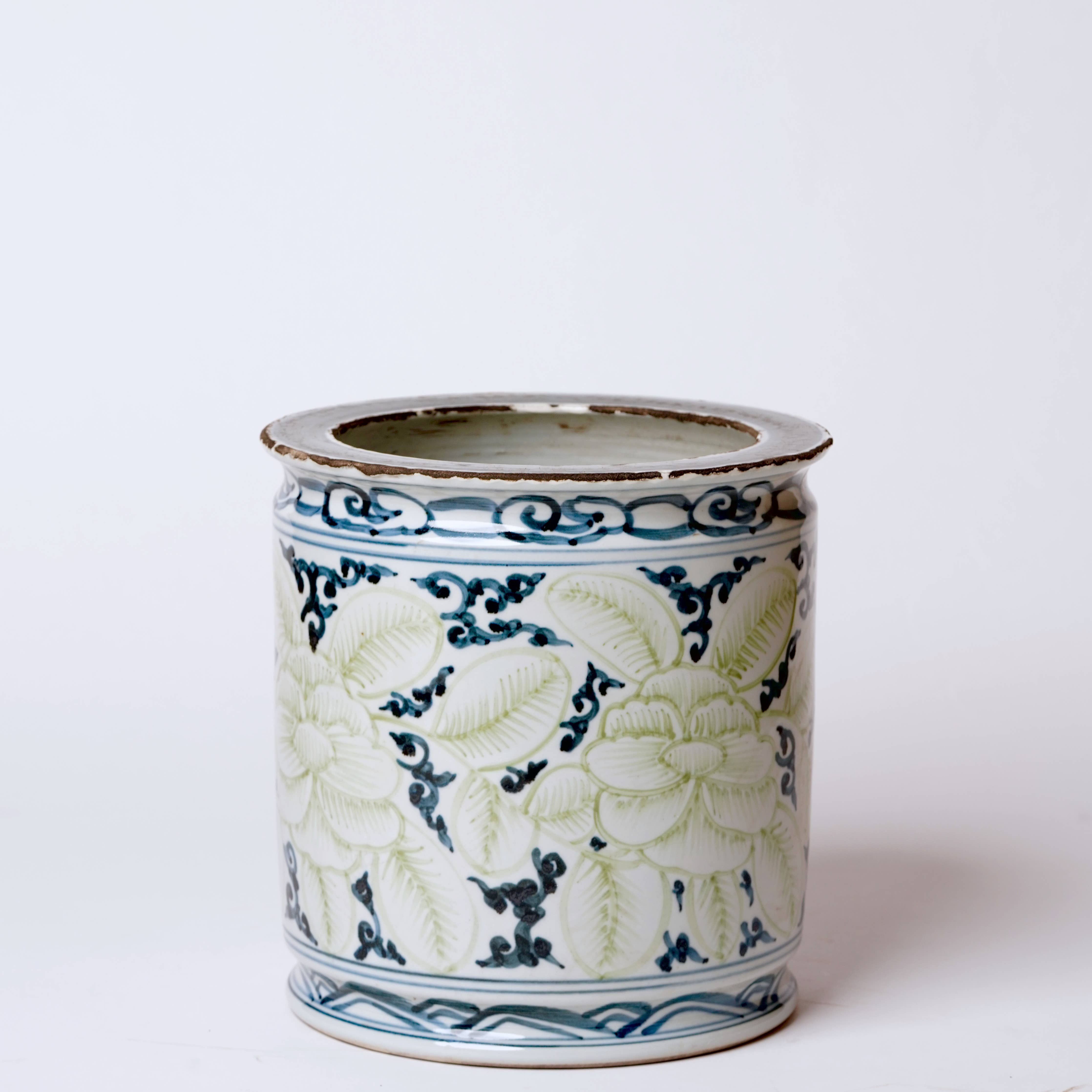 Rustic Blue and Green Floral Porcelain Cachepot