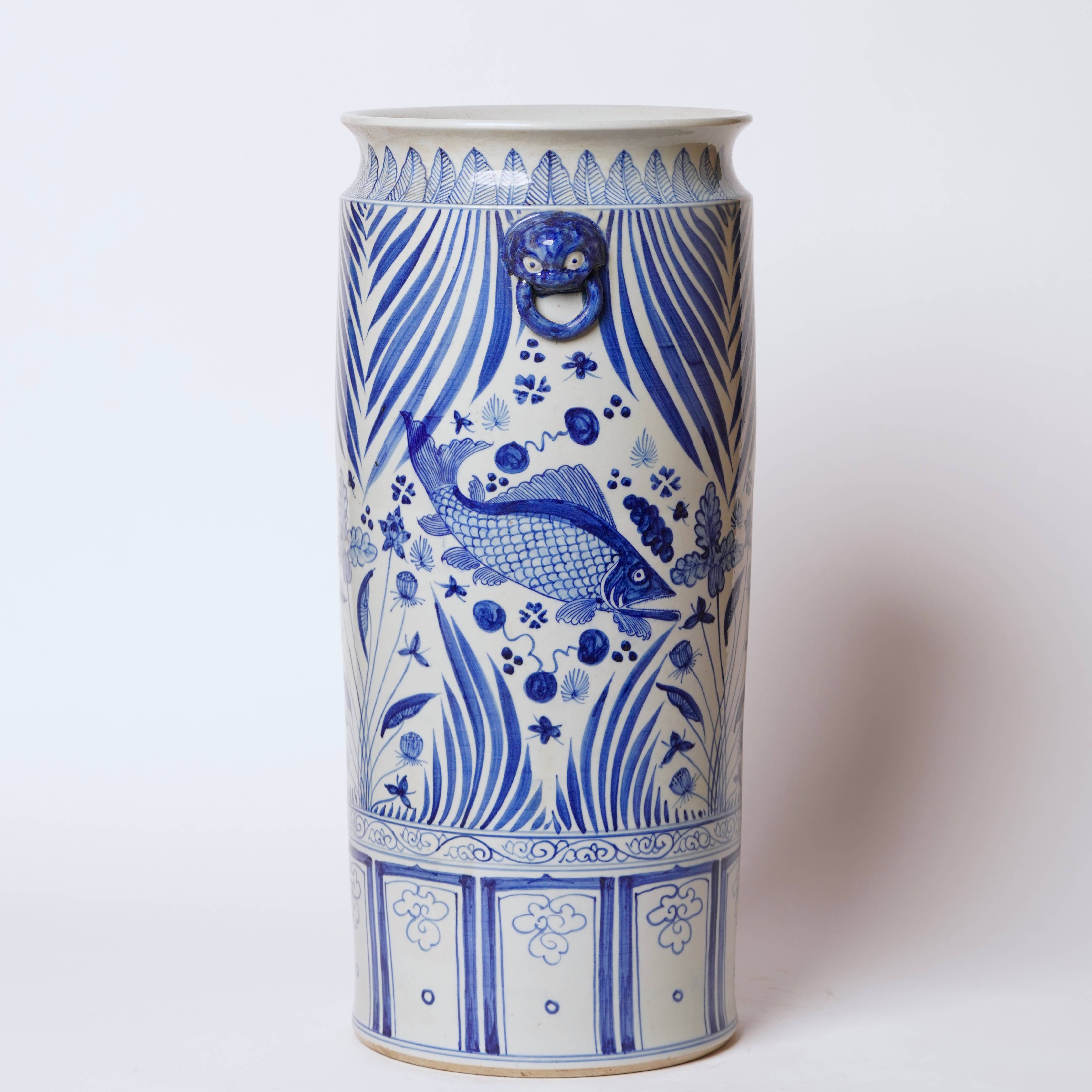 Tall Blue and White River Fish Porcelain Umbrella Stand