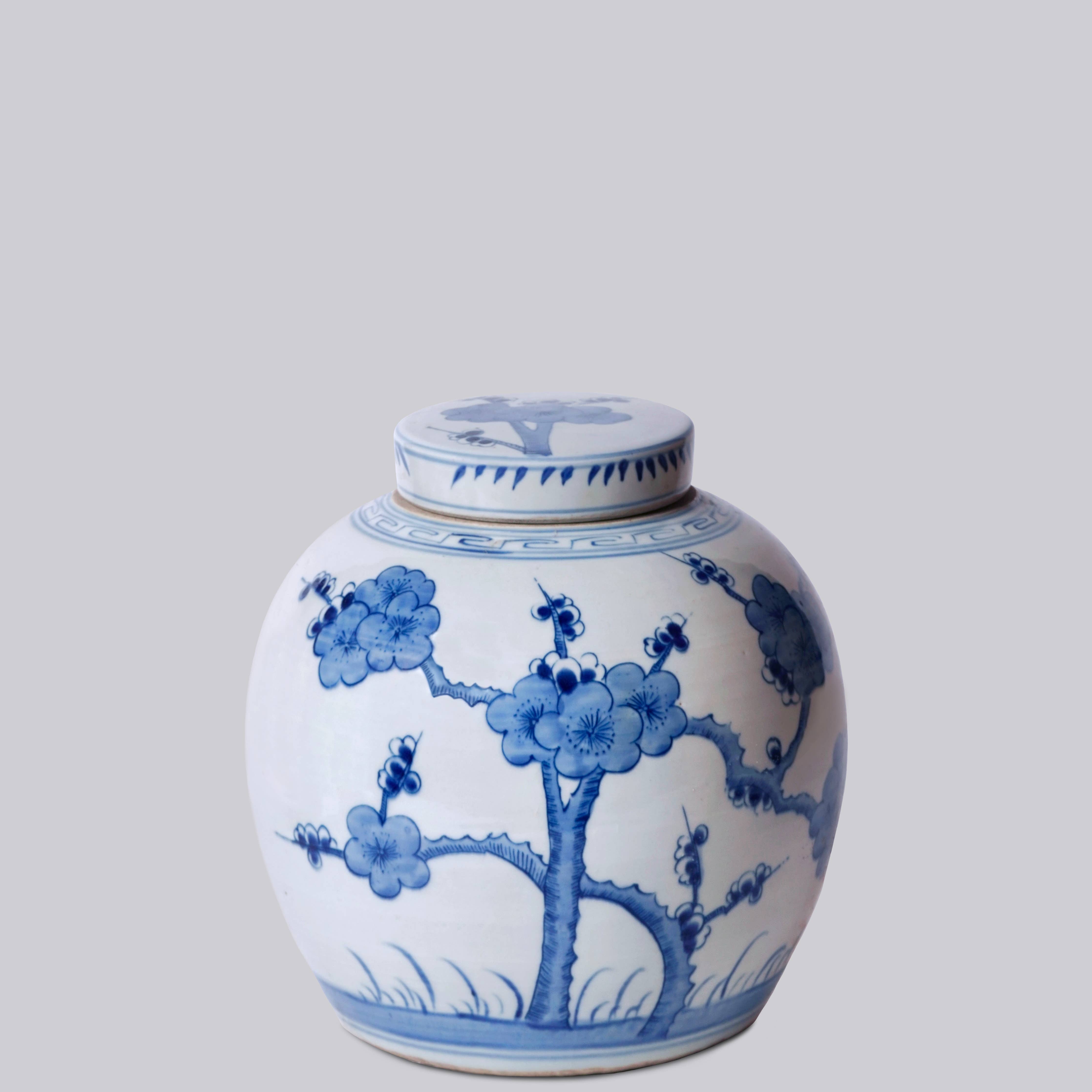 Blue and White Porcelain Cherry Blossom Round Storage Jar - POS