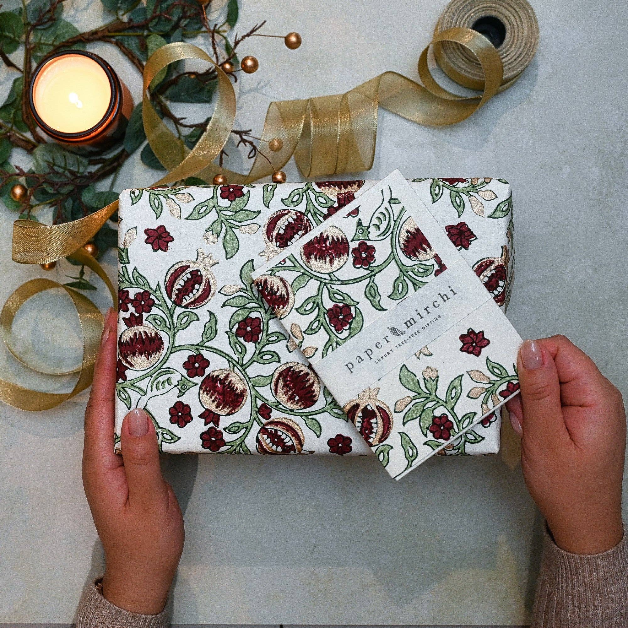 Block Printed Wrapping Paper Sheets - Pomegranate Cherry