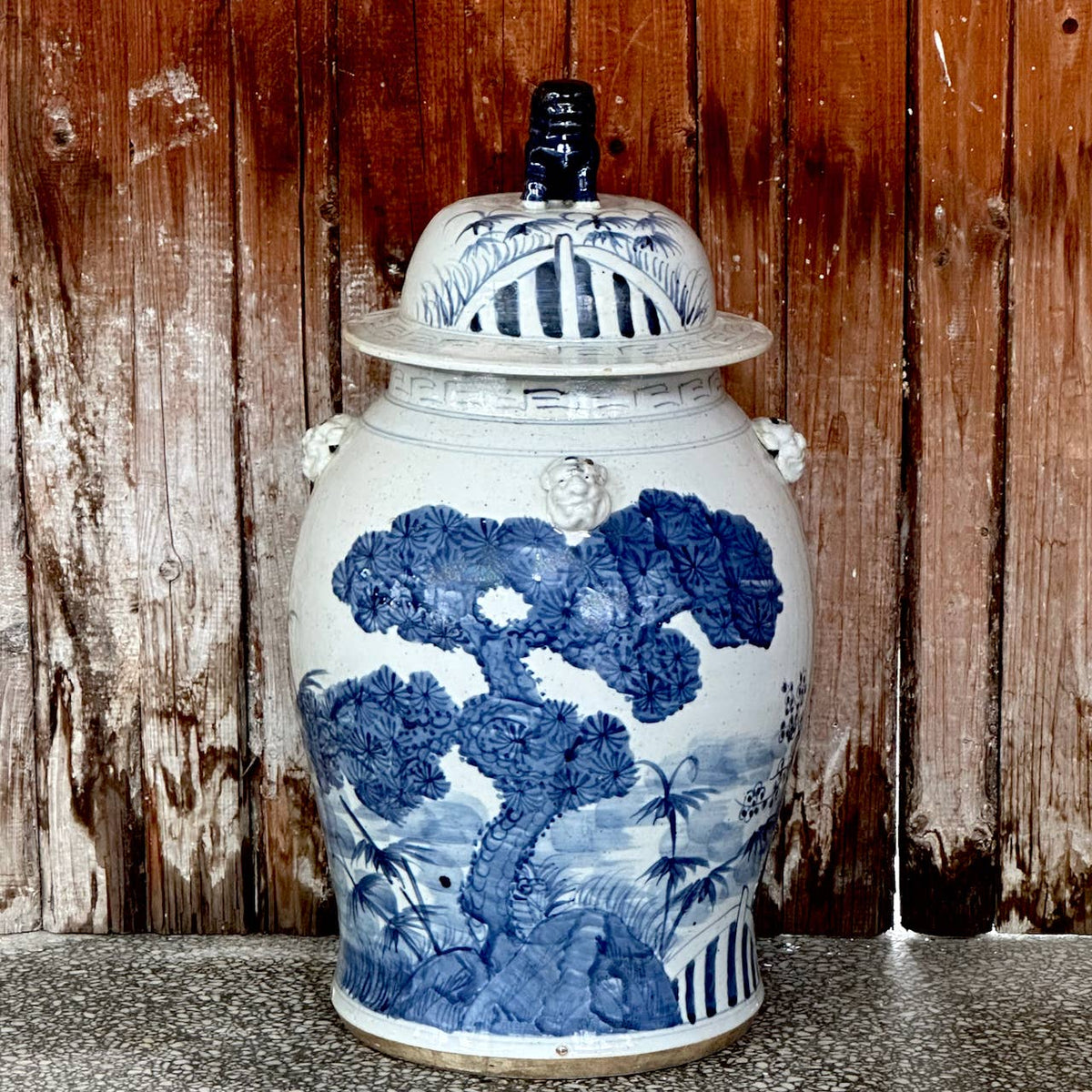 Extra Large Blue & White Three Friends Porcelain Temple Jar