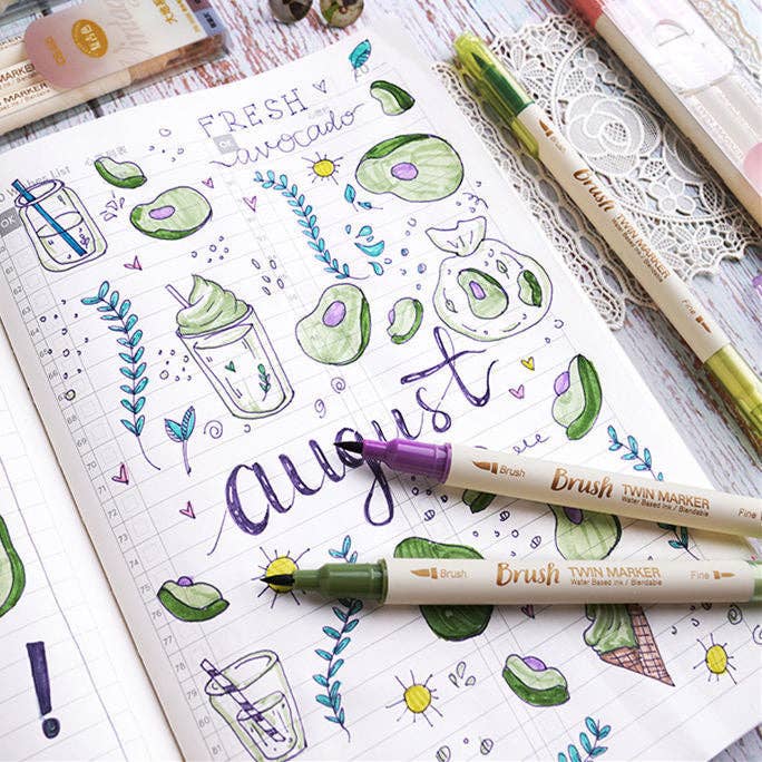 Brush Twin Marker Pen Set|Double-Side Pen set|Calligraphy Pen| Hand Lettering: Green set