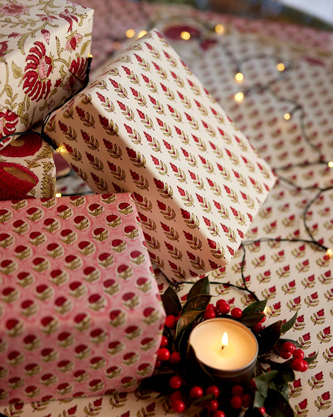 Block Printed Wrapping Paper Sheets - Daisy Festive Mix