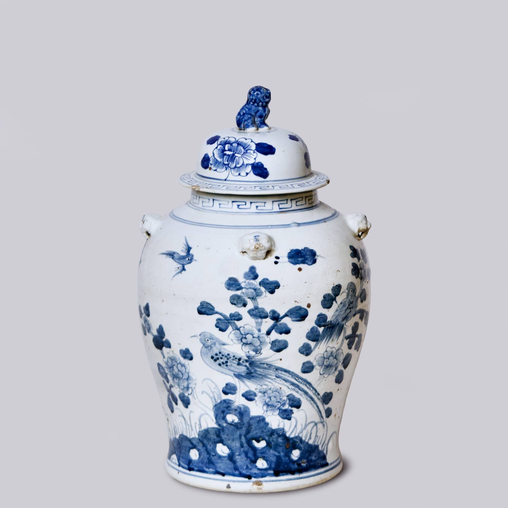 Bird and Flower Blue and White Porcelain Temple Jar