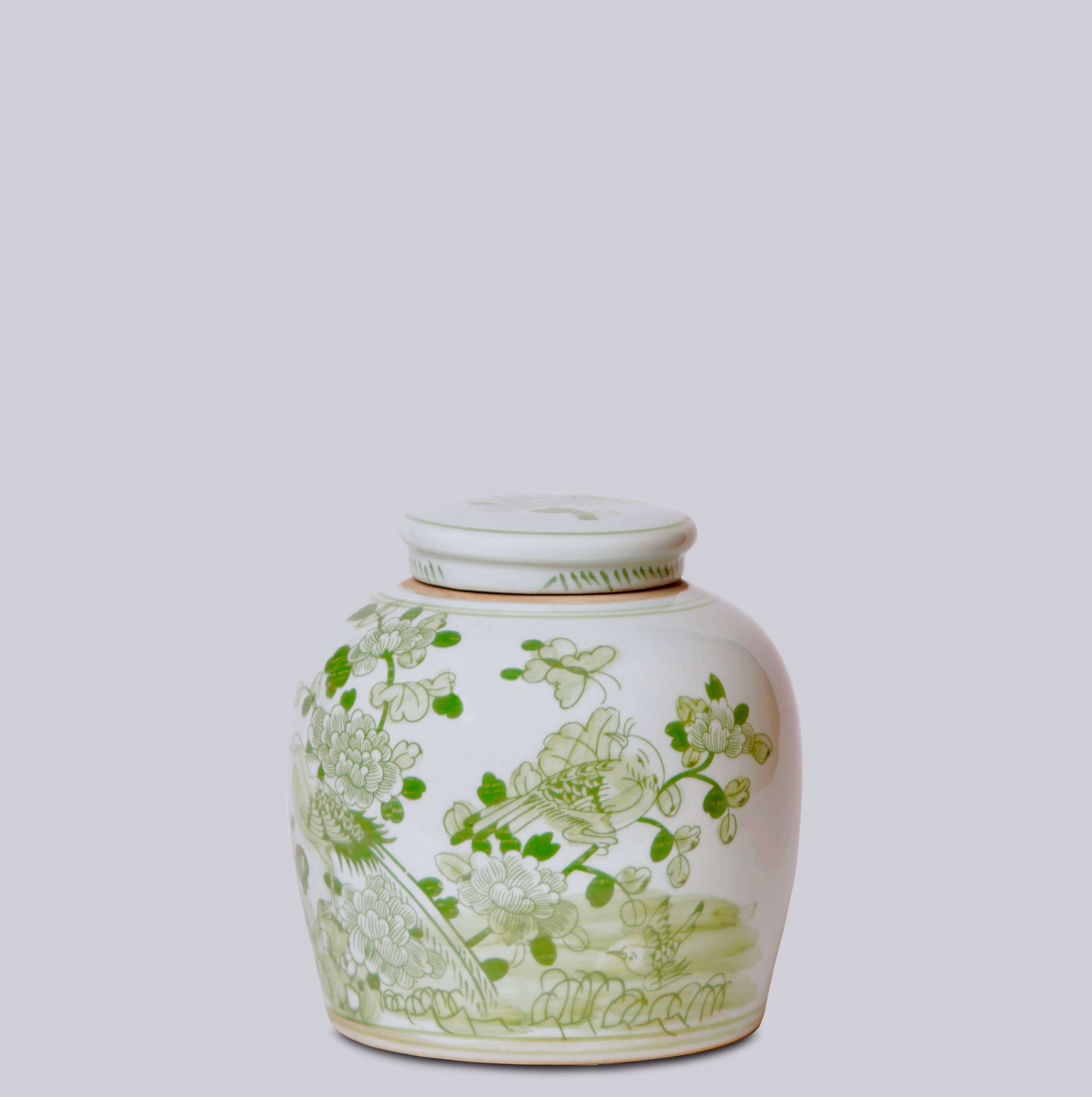 Bird and Flower Green and White Porcelain Jar