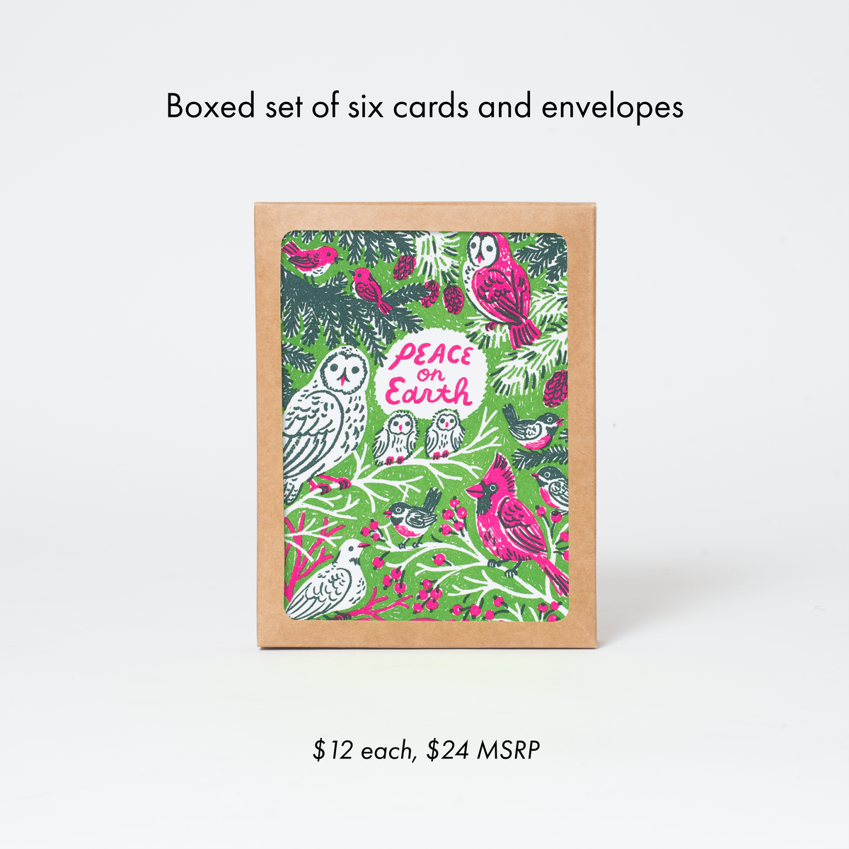 Peace Birds Letterpress Holiday Greeting Card by Phoebe Wahl: Plastic sleeve