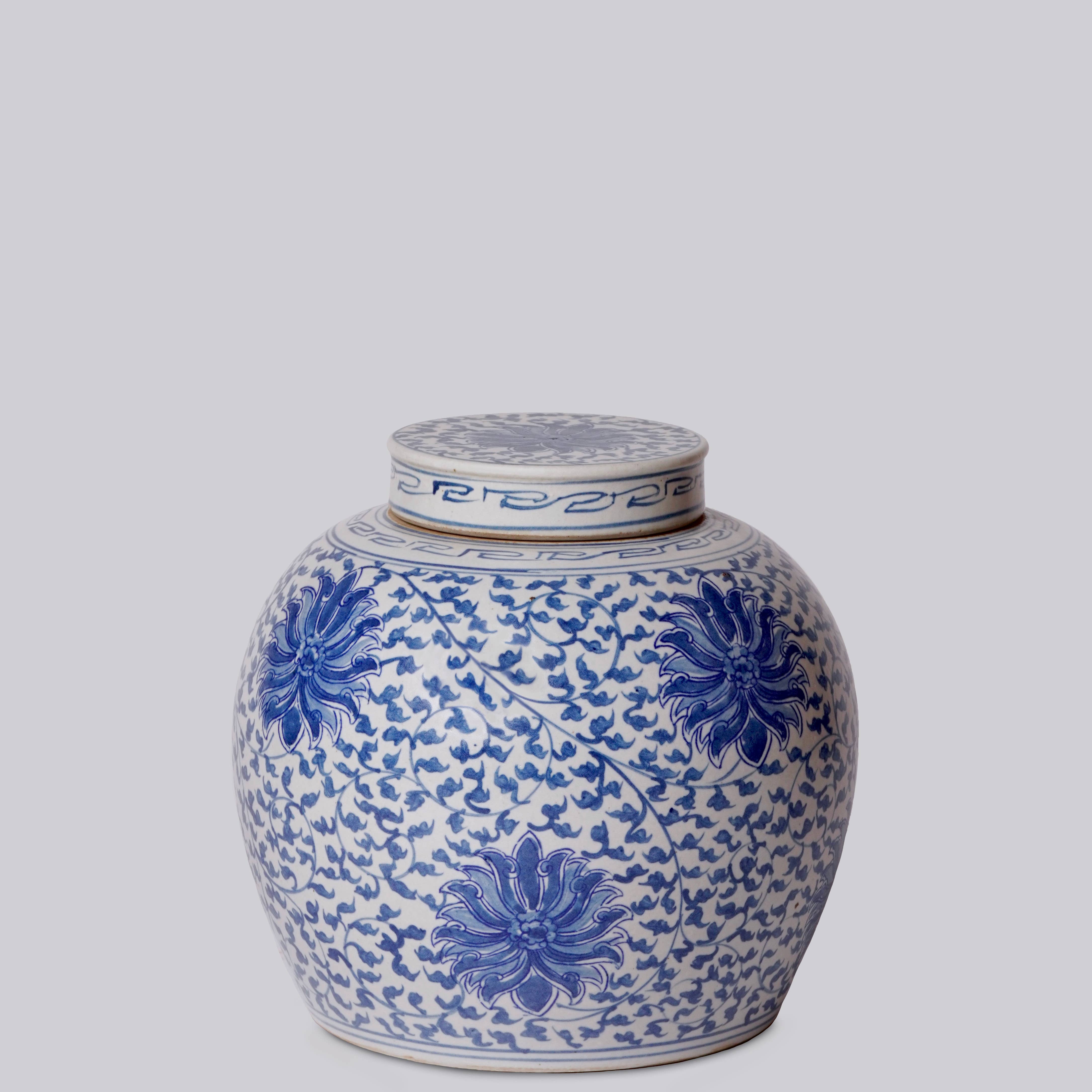Blue and White Porcelain Scrolling Lotus Round Lidded Jar