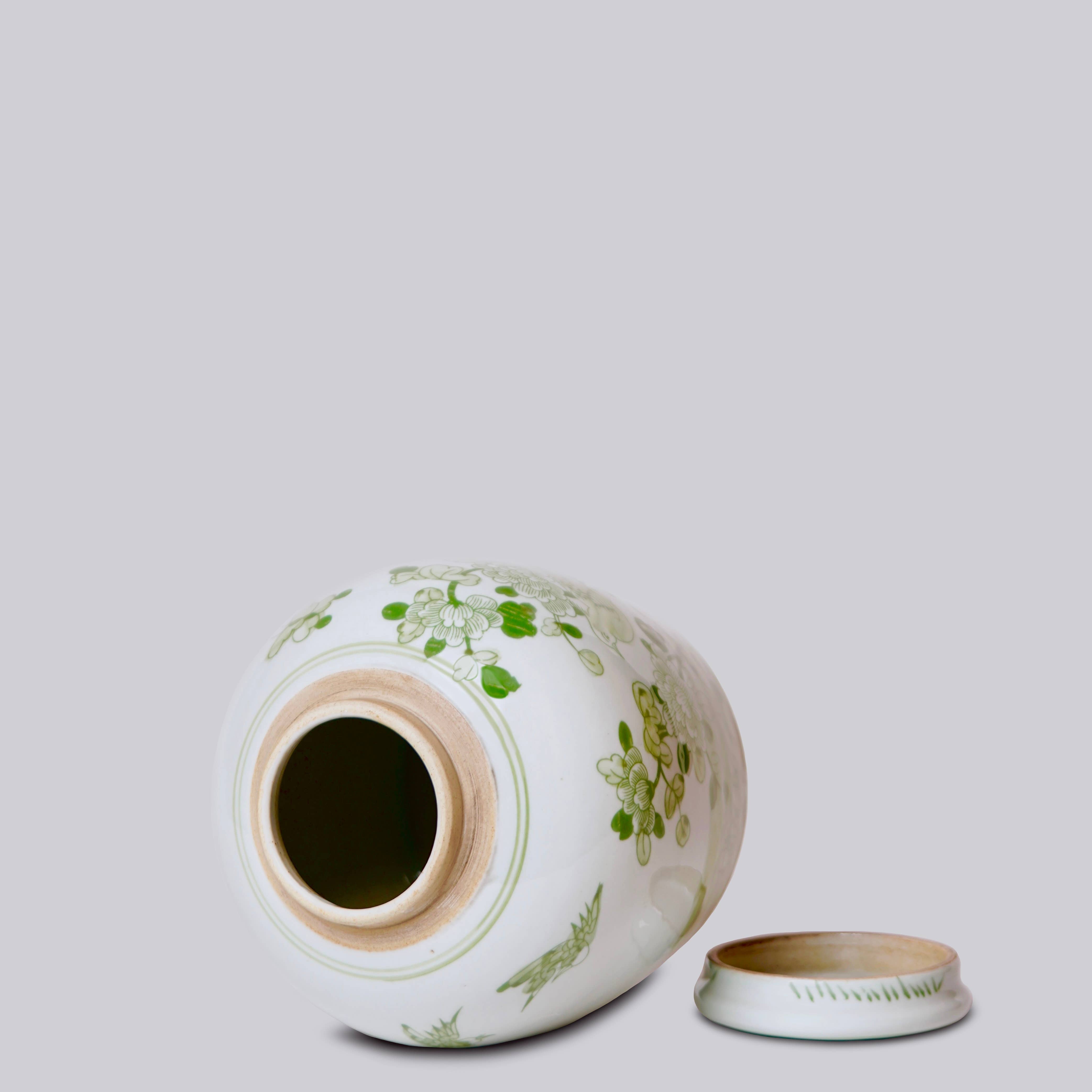 Bird and Flower Green and White Porcelain Jar