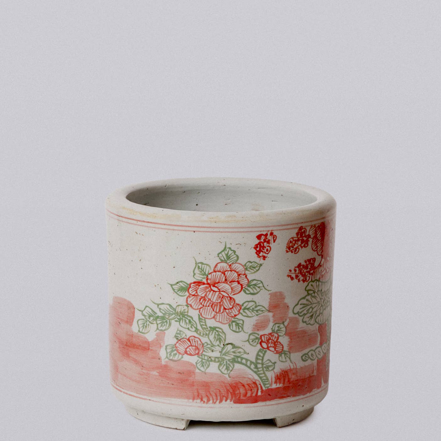 Pink and Green Porcelain Four Seasons Footed Cachepot