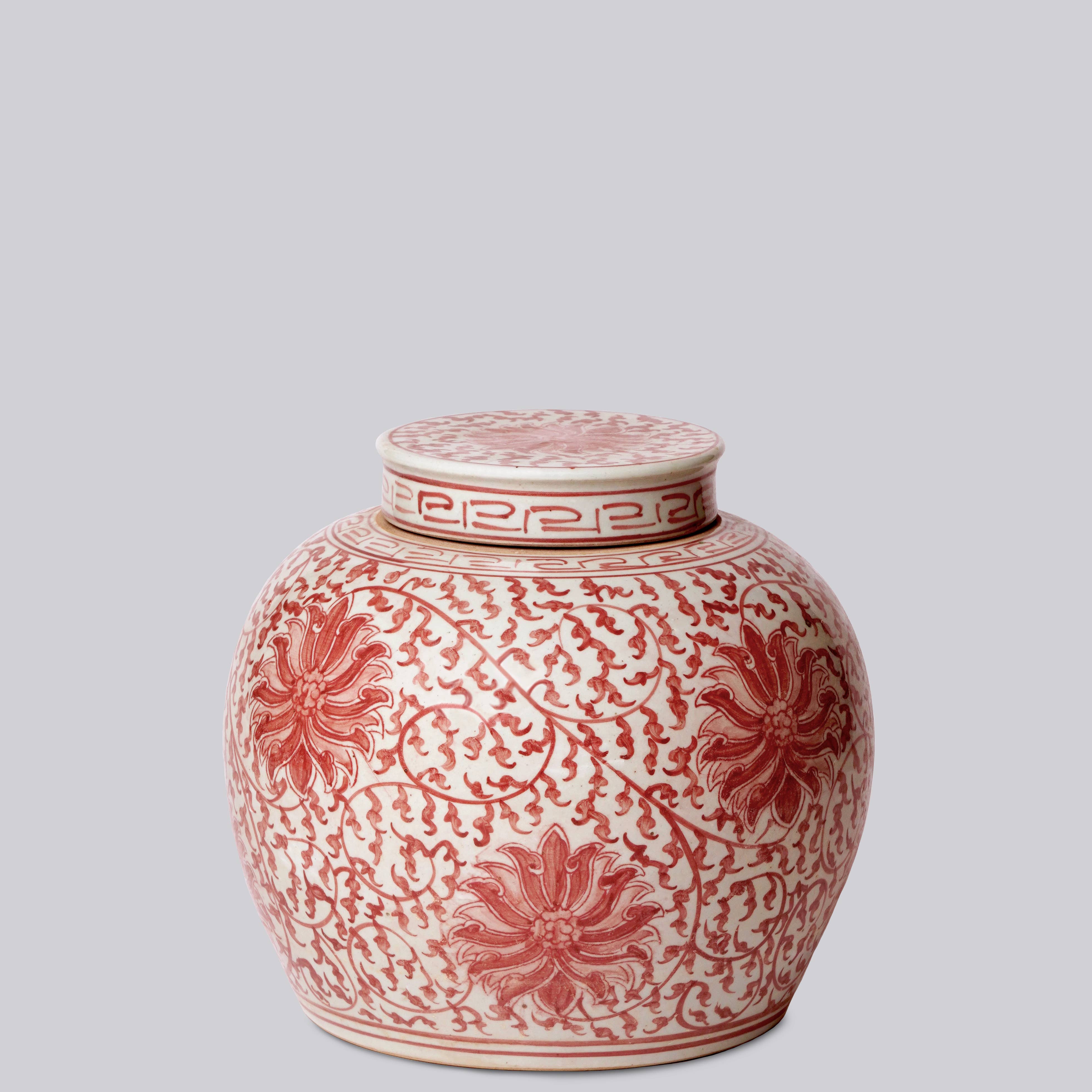 Red and White Porcelain Scrolling Lotus Round Lidded Jar