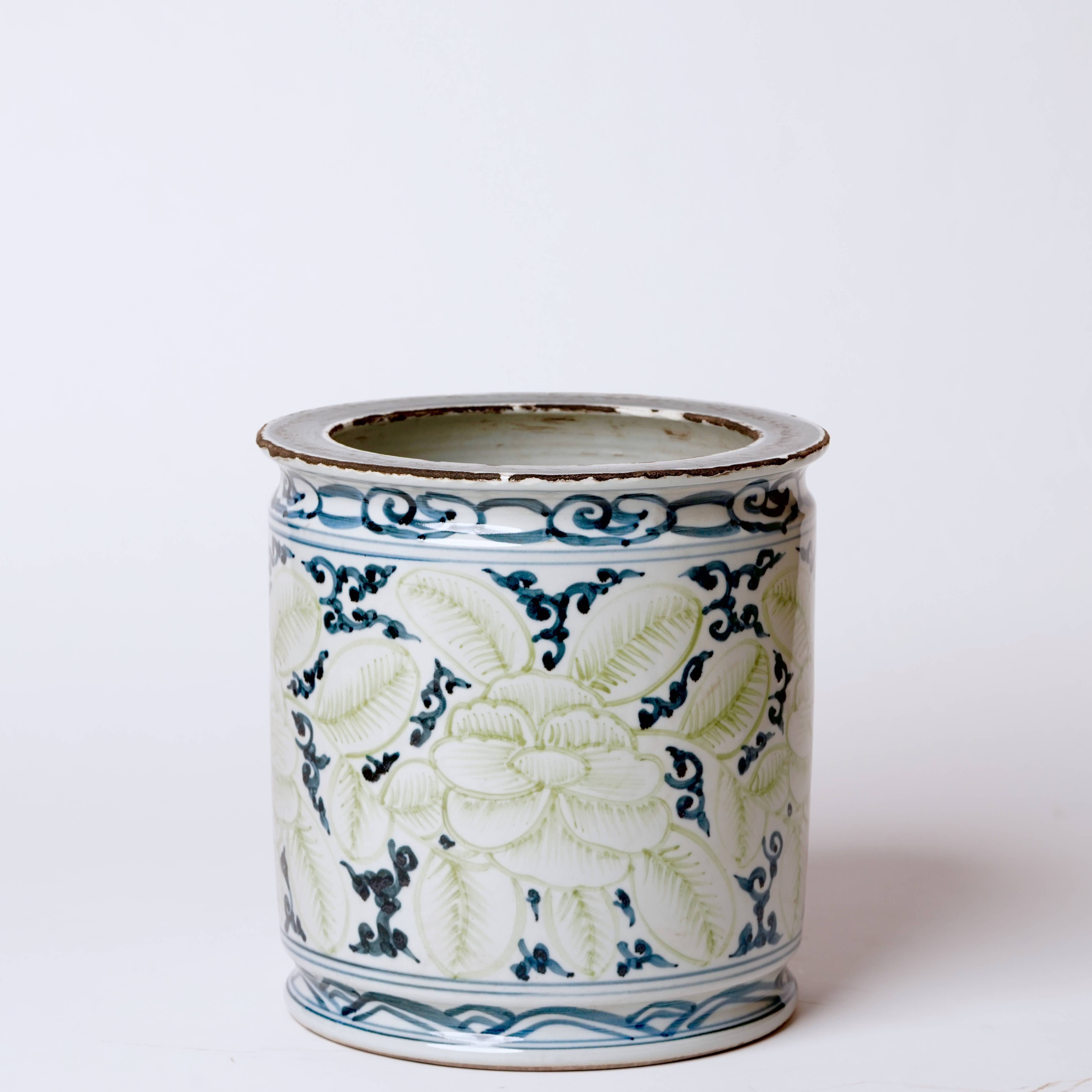 Rustic Blue and Green Floral Porcelain Cachepot
