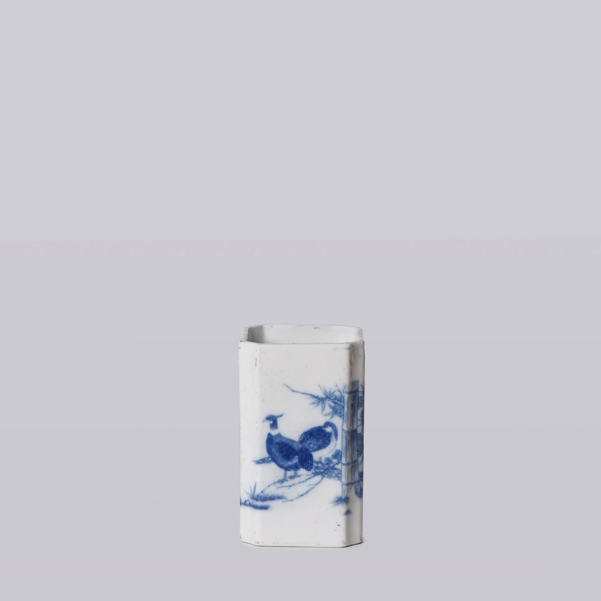 1920s Blue and White Porcelain Pheasant Square Vase