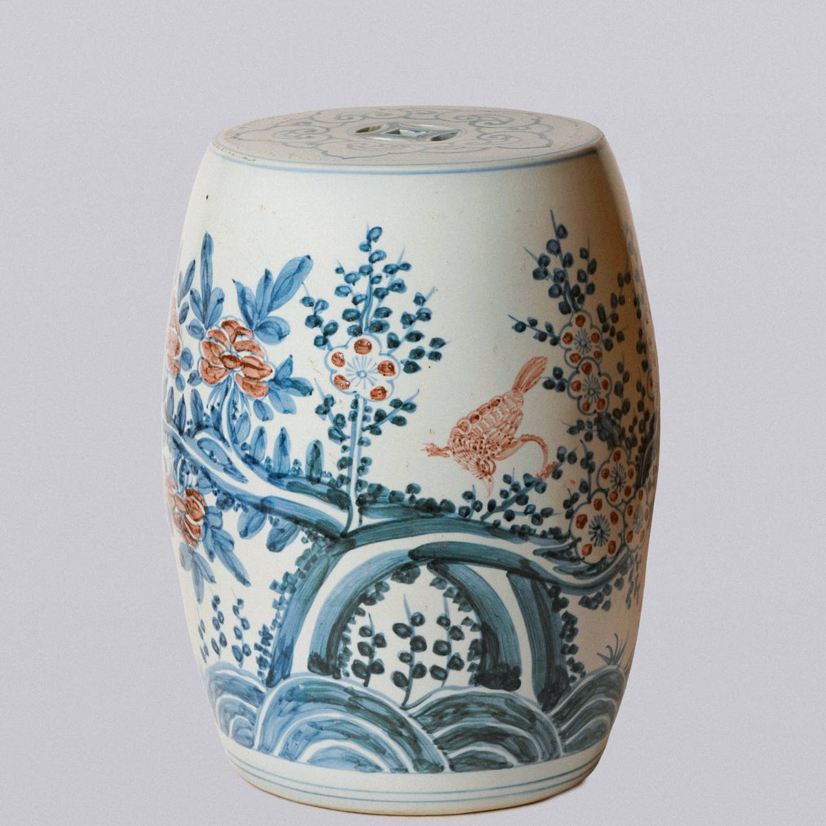 Red and Blue Porcelain Bird and Flower Garden Seat