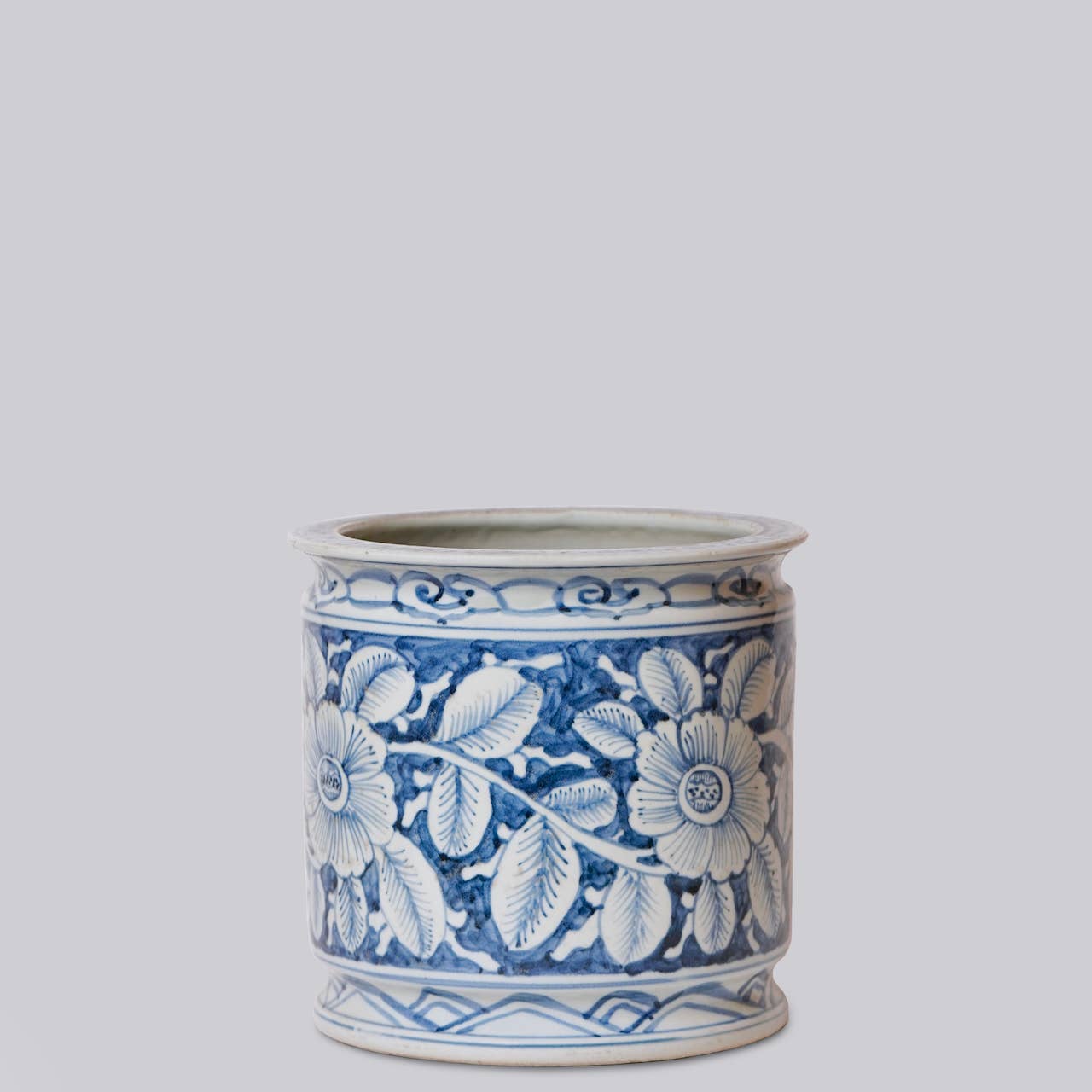 Blue and White Porcelain Floral Cachepot with Indented Rim