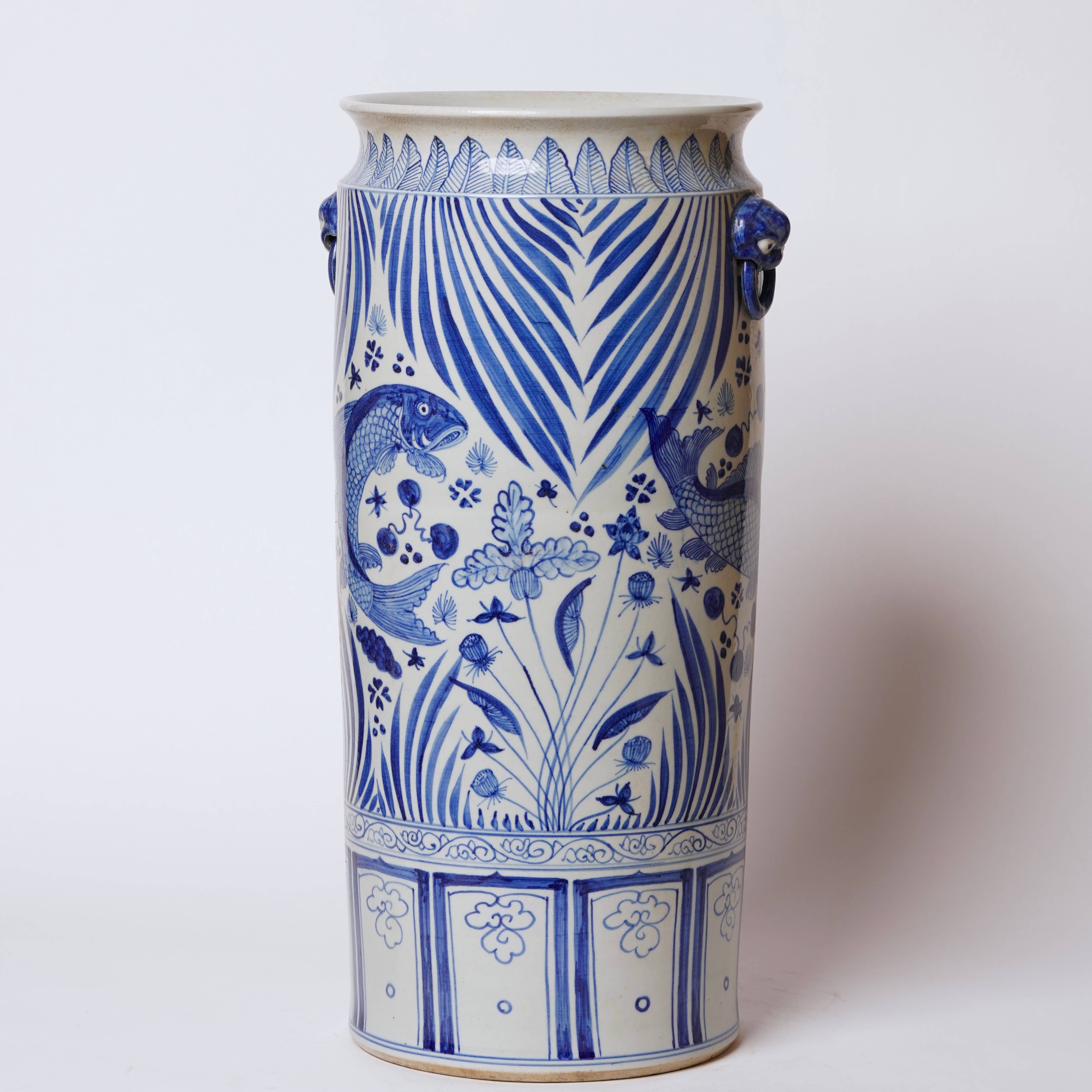 Tall Blue and White River Fish Porcelain Umbrella Stand