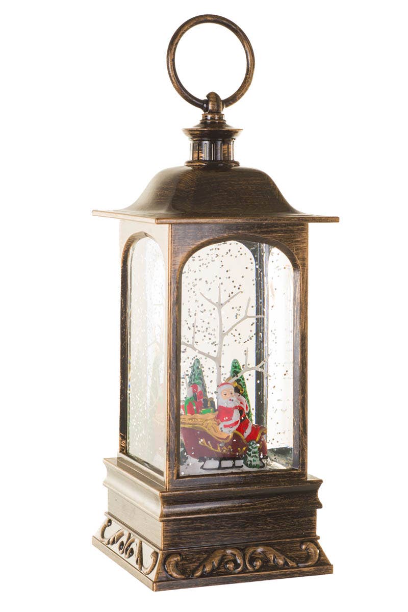 NEW-Bronze Led Lantern Snow Globe With Santa In Sleigh