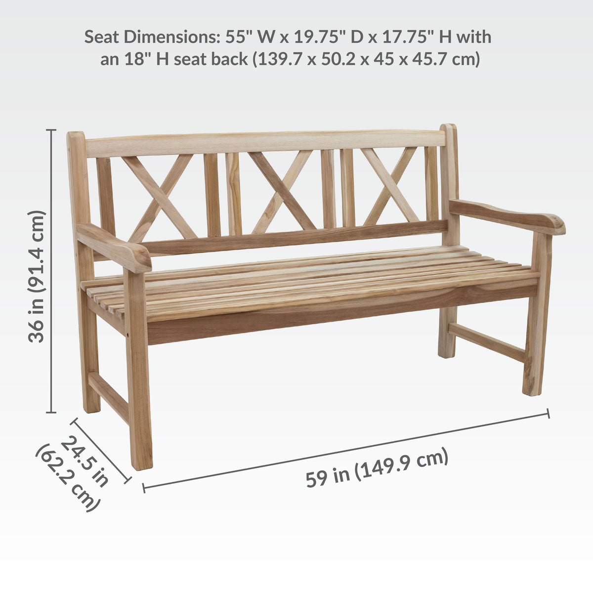 59-Inch Cross-Back Teak Patio Garden Bench with Backrest