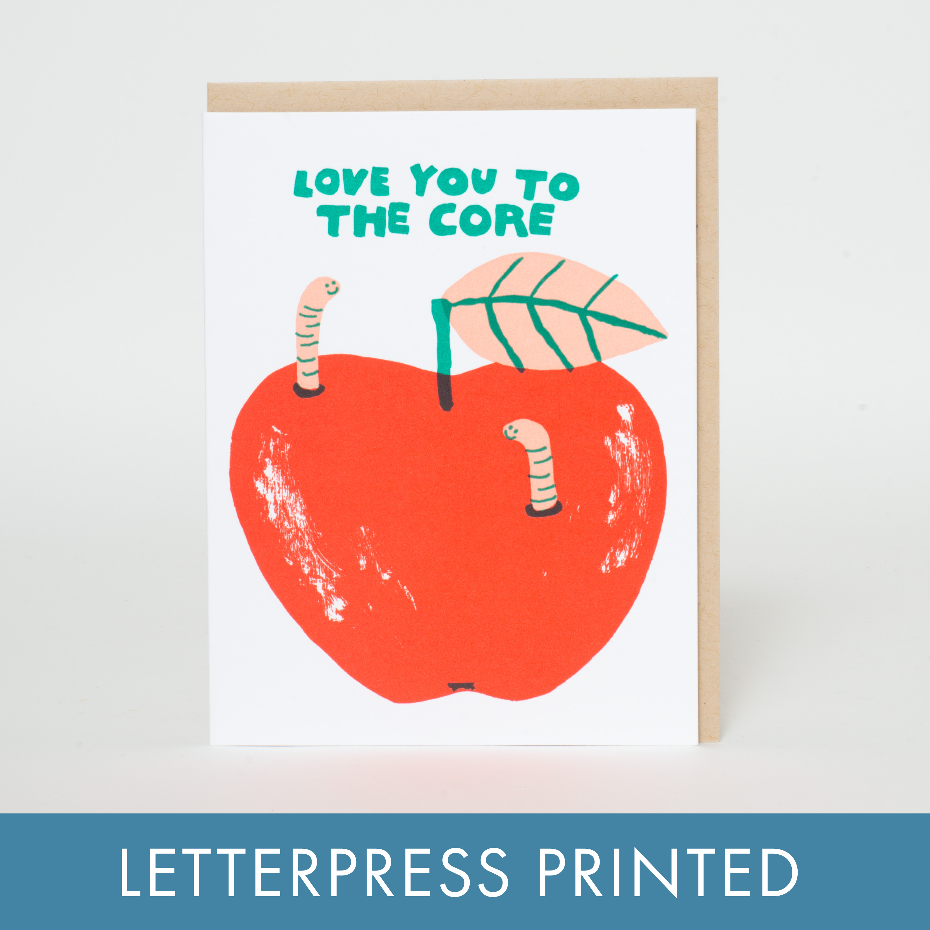 Love Apple Core Worms Letterpress Greeting Card by Egg Press: Plastic sleeve