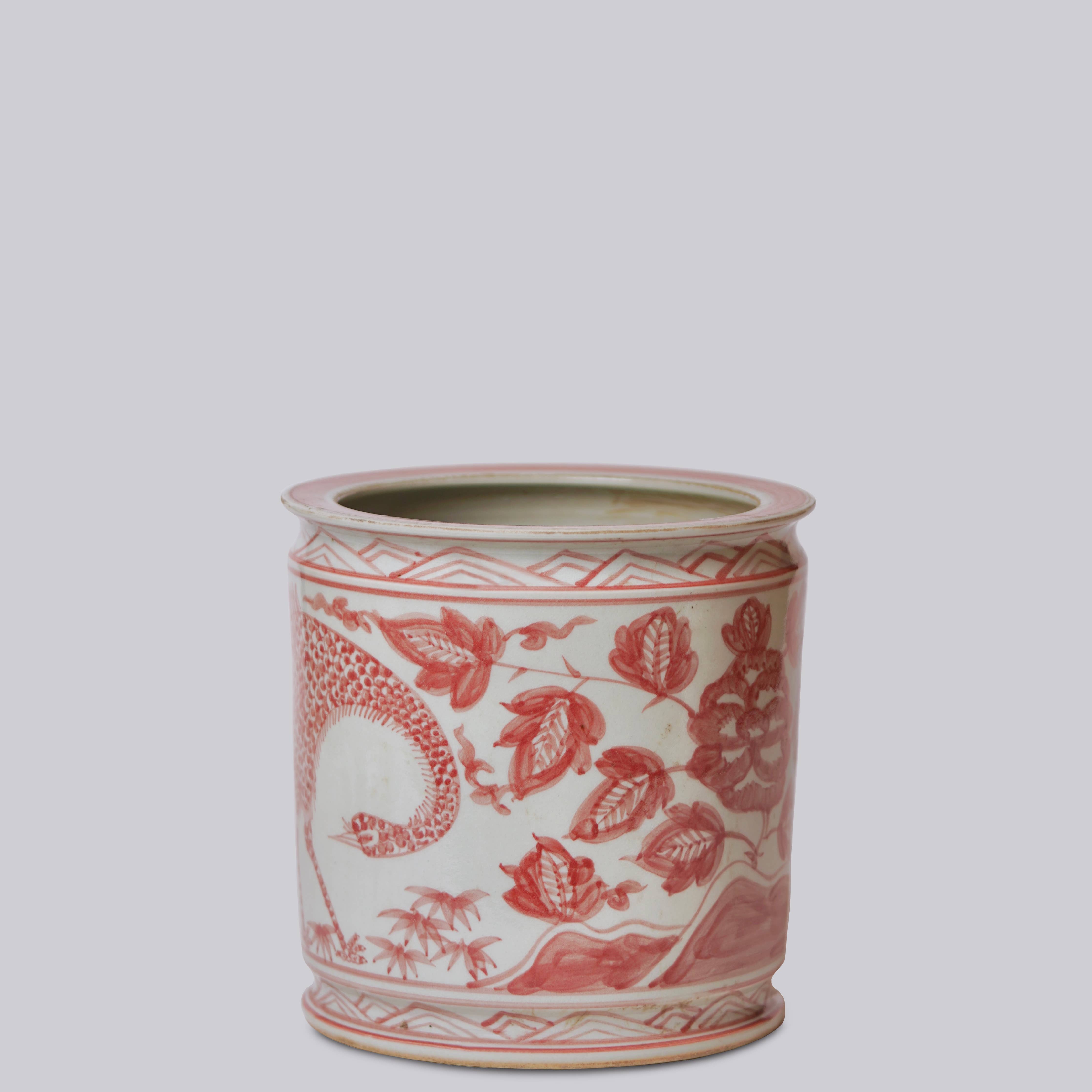 Dancing Crane Red and White Porcelain Cachepot