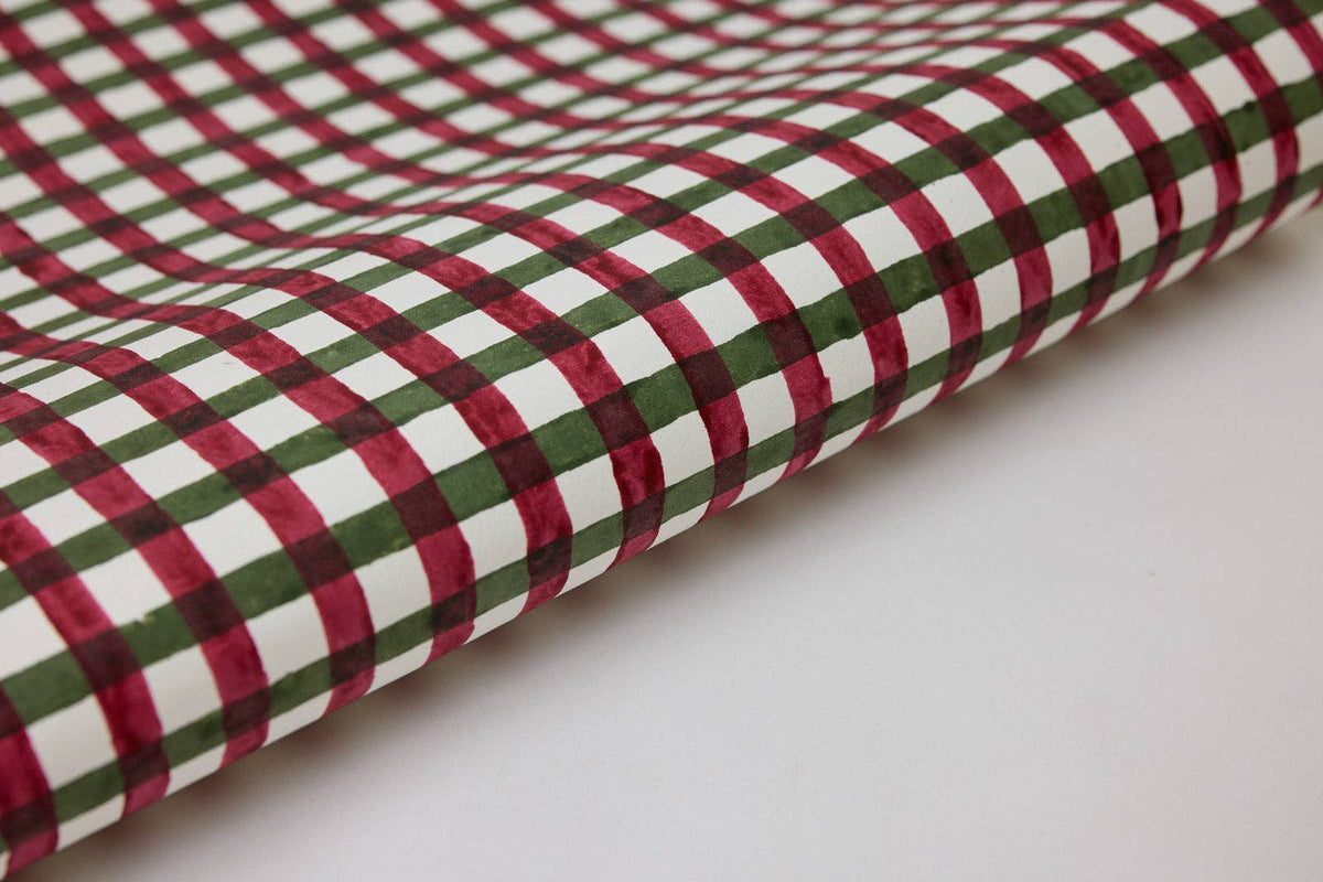 Block Printed Wrapping Paper Sheets - Gingham Holly Green