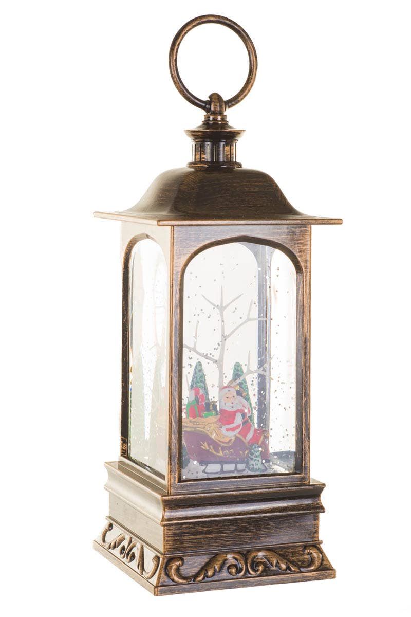 NEW-Bronze Led Lantern Snow Globe With Santa In Sleigh