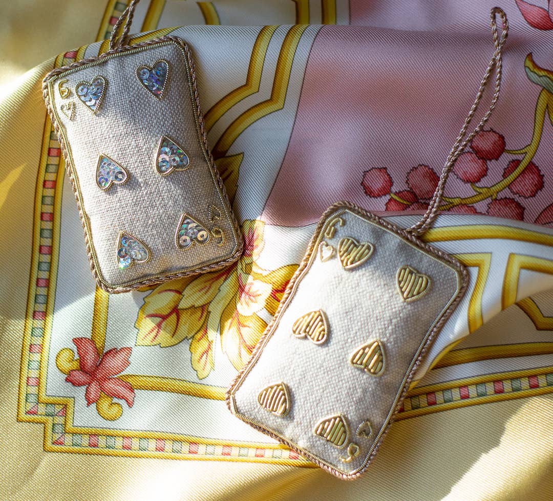Handmade Valentine's Day Playing Card in Irish Linen: Gold hearts