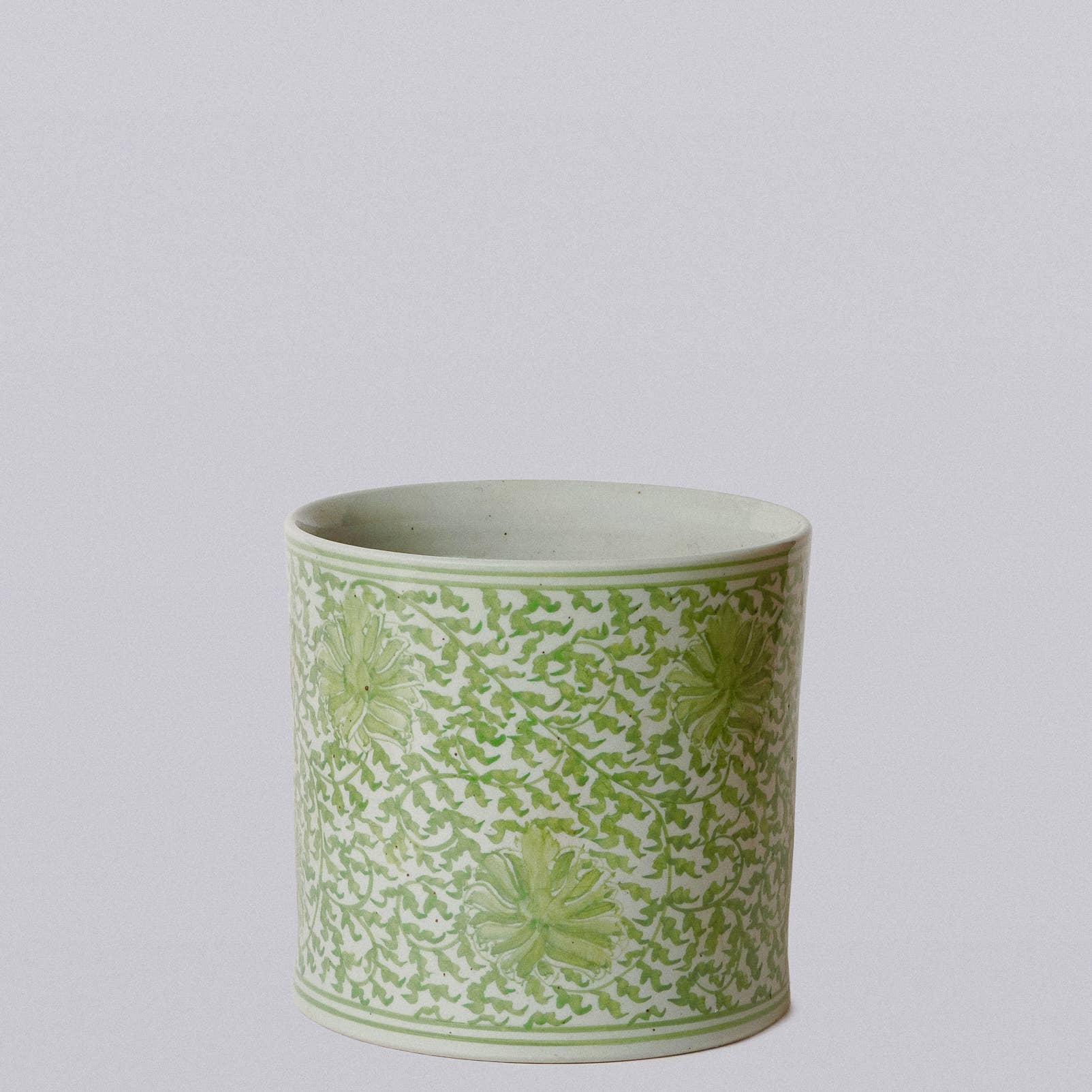 Scrolling Chrysanthemum Green and White Porcelain Cachepot