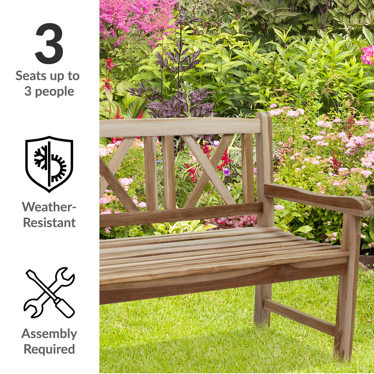59-Inch Cross-Back Teak Patio Garden Bench with Backrest