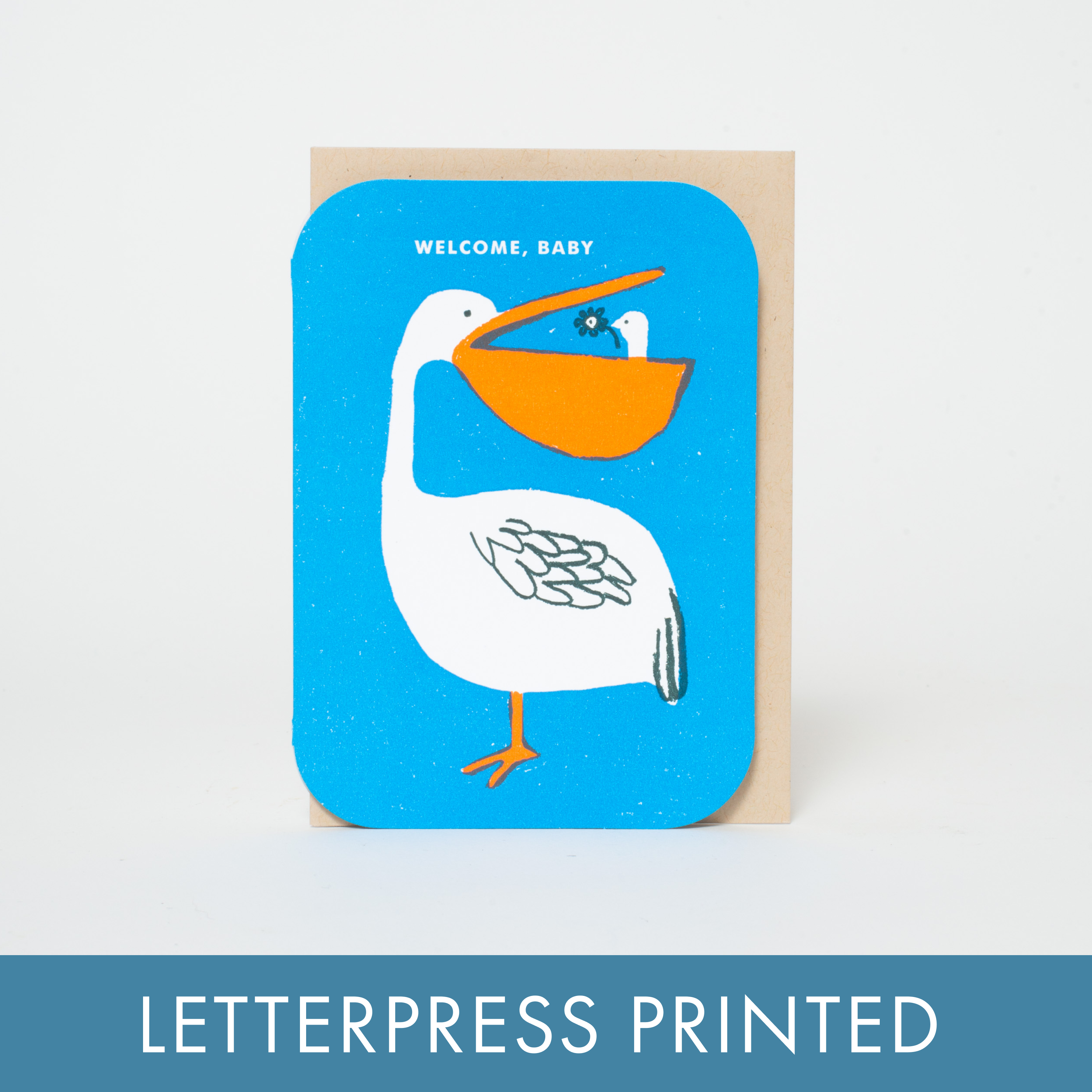 Baby Congrats Pelican Welcome Letterpress Greeting Card by Egg Press: Plastic sleeve