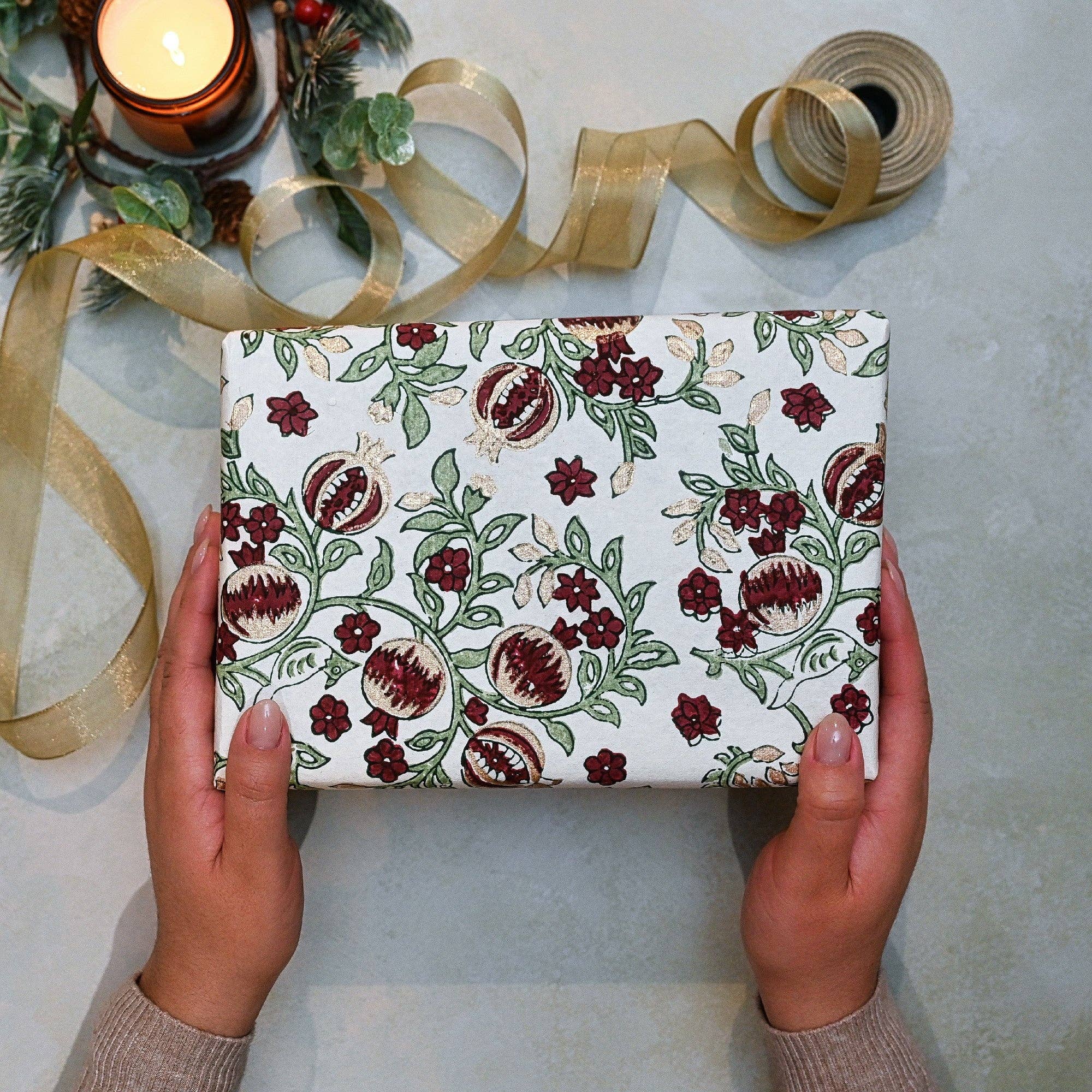 Block Printed Wrapping Paper Sheets - Pomegranate Cherry