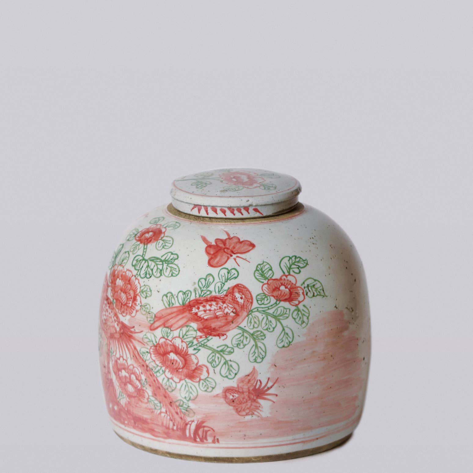 Pink and Green Porcelain Rustic Bird and Flower Lidded Jar: Medium
