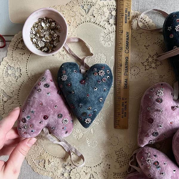 Velvet Confetti Heart Token - Vintage-Inspired Soft Ornament: Navy