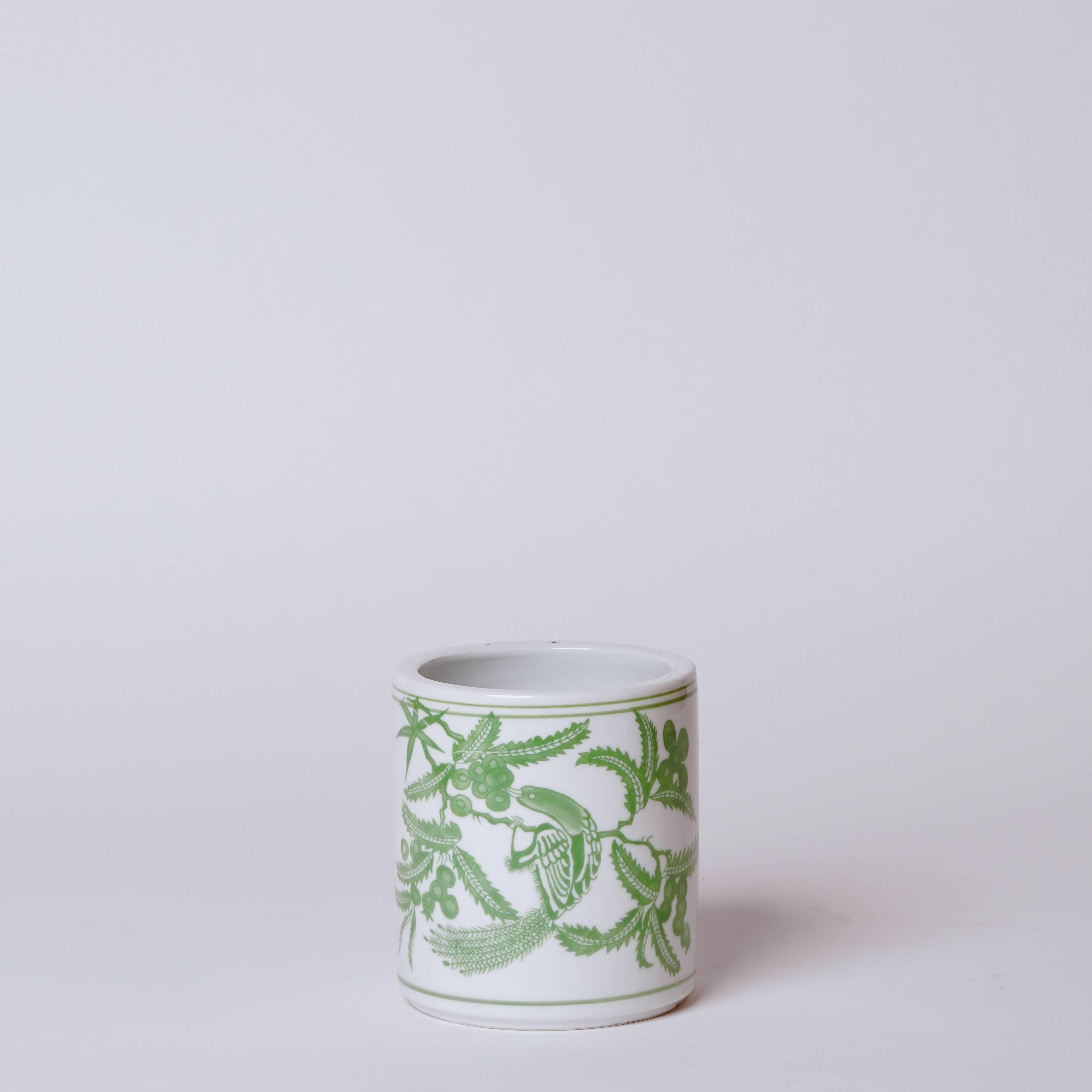 Tiny Green and White Porcelain Bird and Flower Cachepot