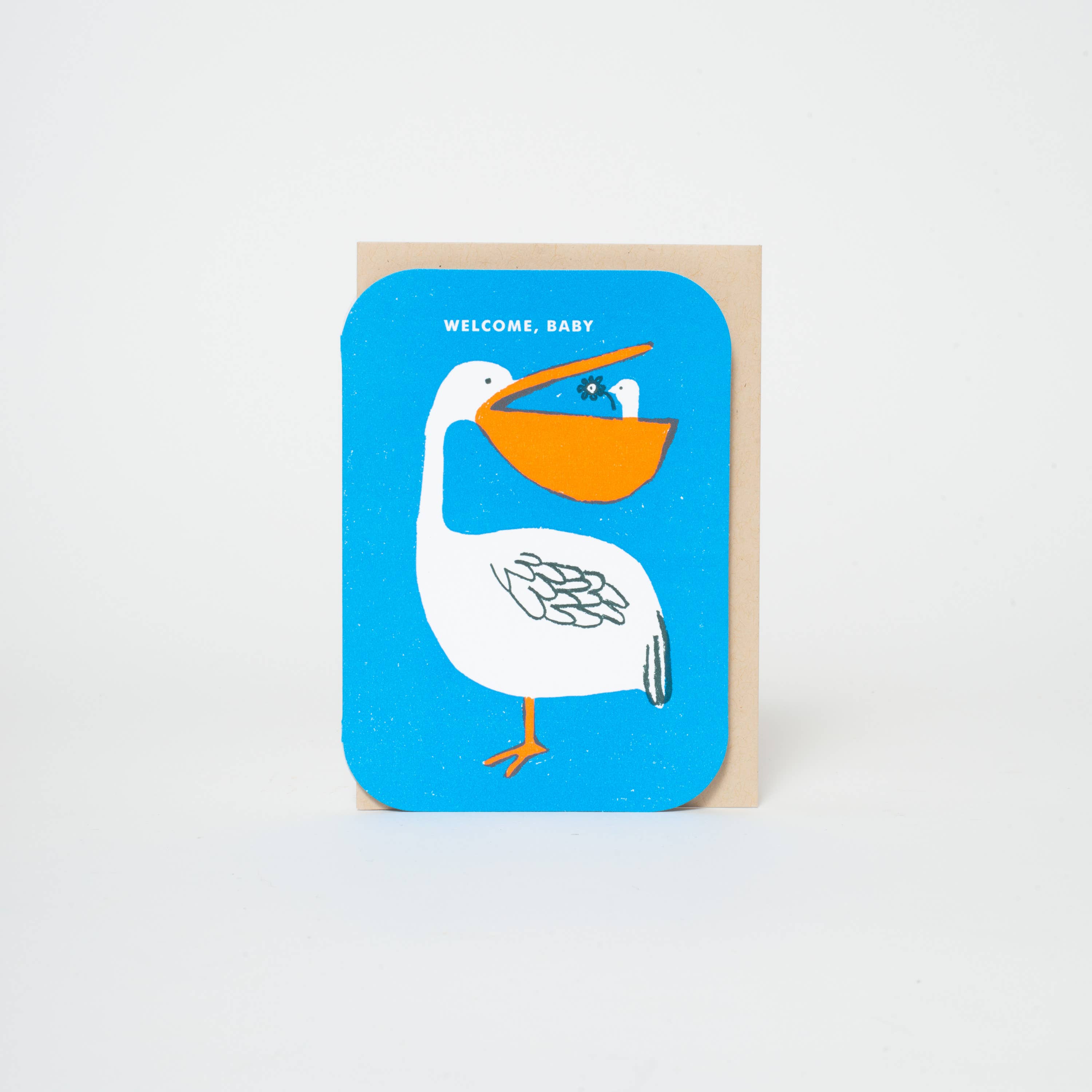 Baby Congrats Pelican Welcome Letterpress Greeting Card by Egg Press: Plastic sleeve