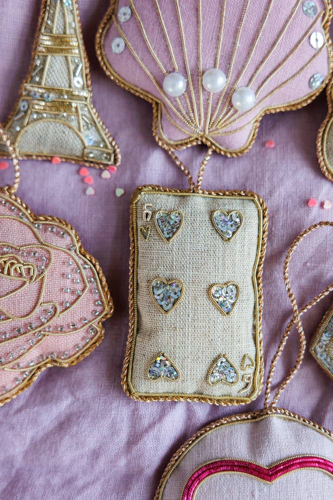 Handmade Valentine's Day Playing Card in Irish Linen: Gold hearts