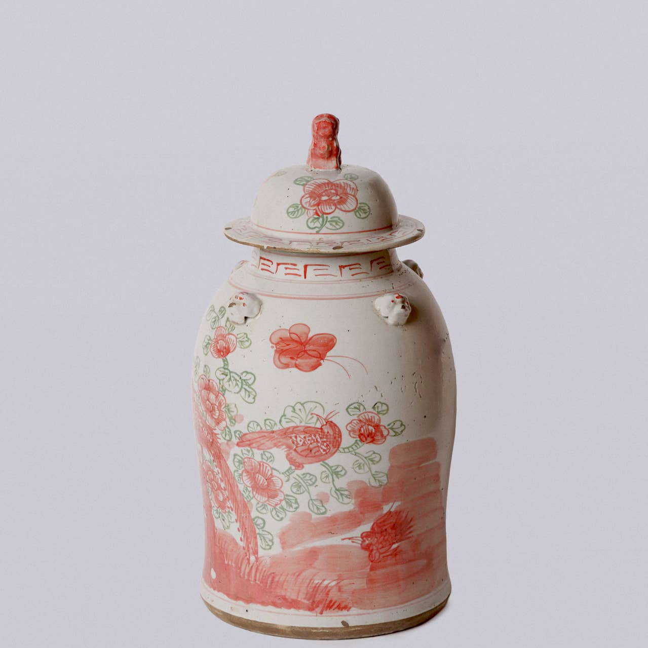 Pink and Green Porcelain Bird and Flower Temple Jar