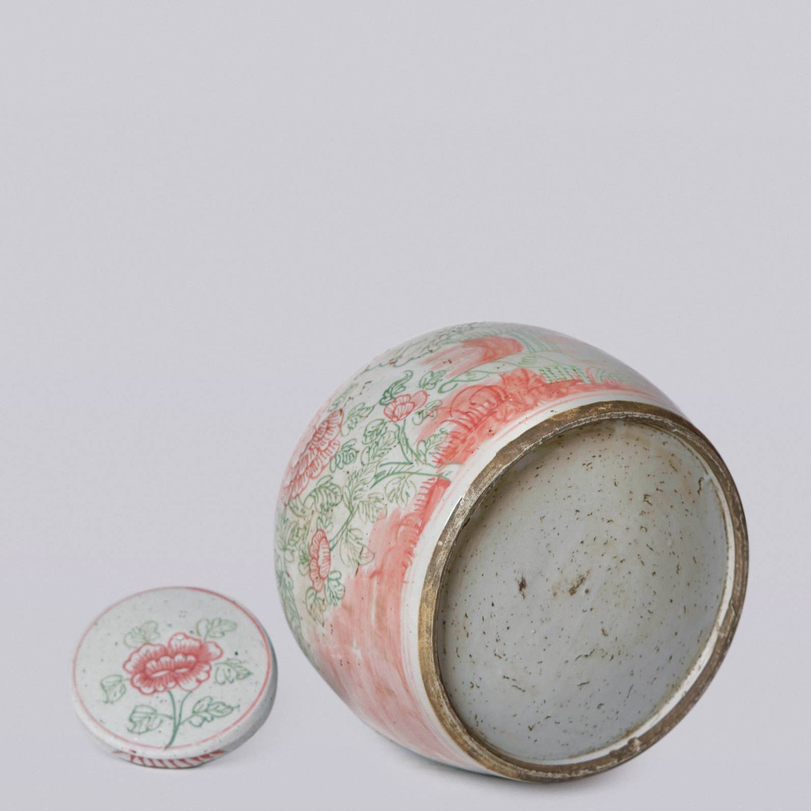 Pink and Green Porcelain Rustic Four Seasons Lidded Jar: Medium