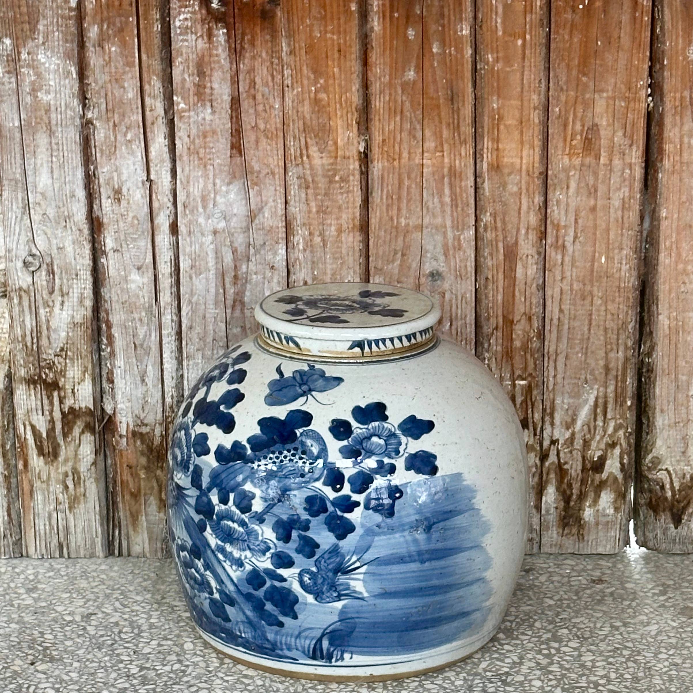 Blue & White Porcelain Bird & Flower Med. Round Storage Jar