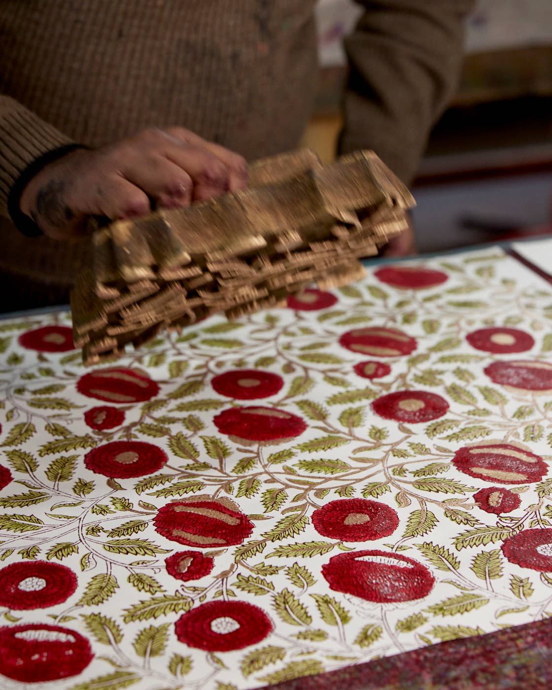 Block Printed Wrapping Paper Sheets - Marigold Glitz Scarlet