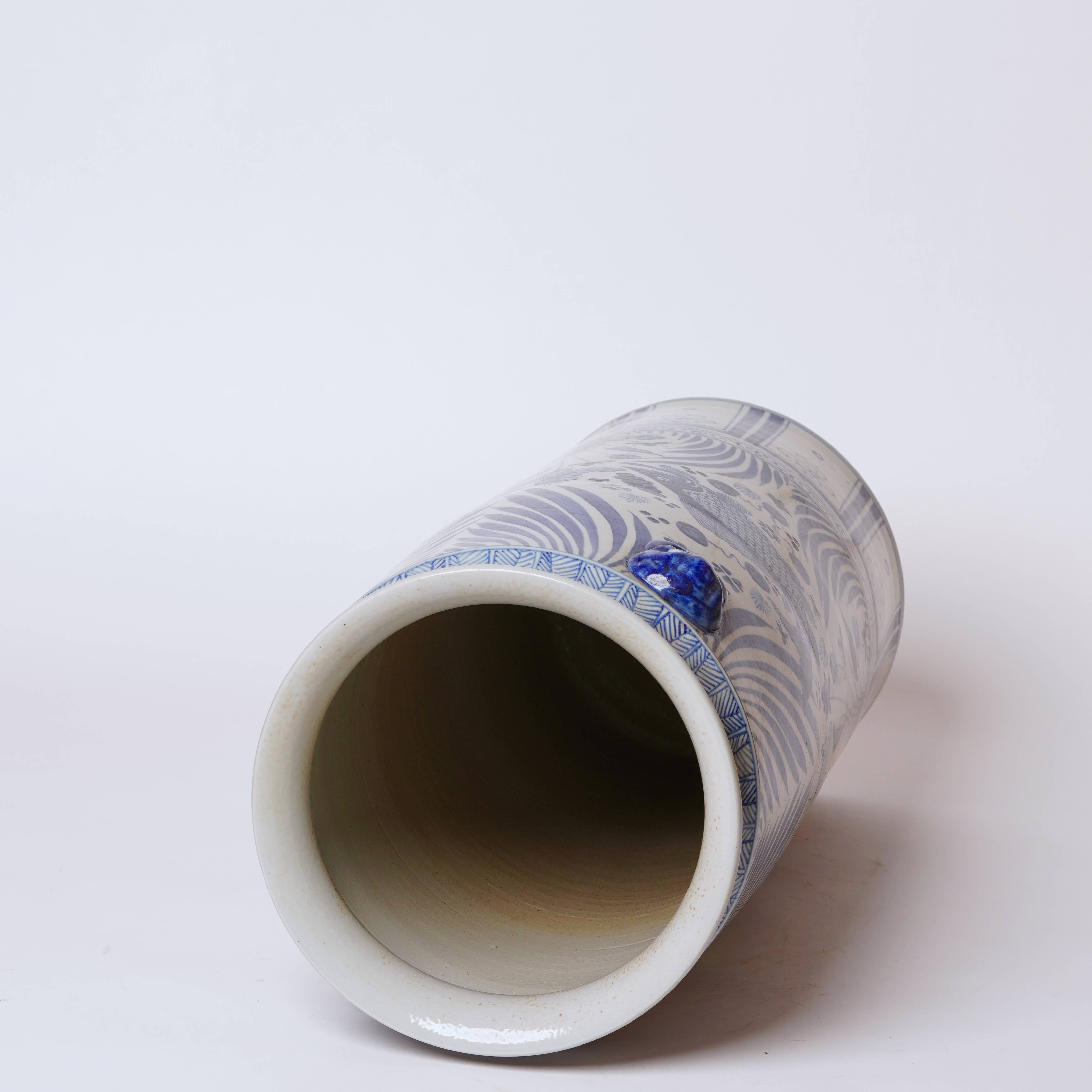 Tall Blue and White River Fish Porcelain Umbrella Stand