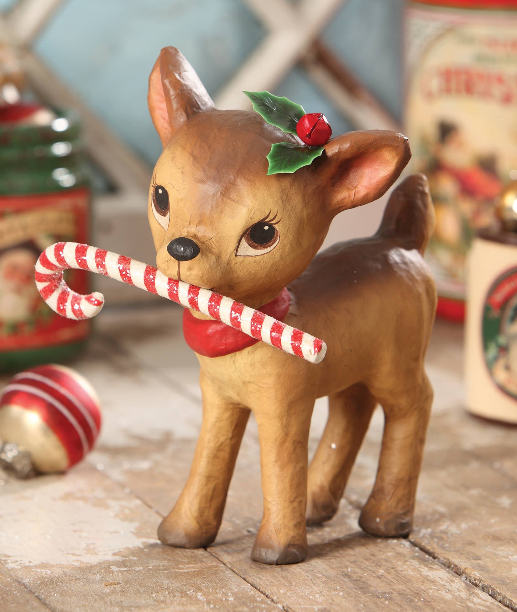 Little Retro Reindeer With Candy Cane