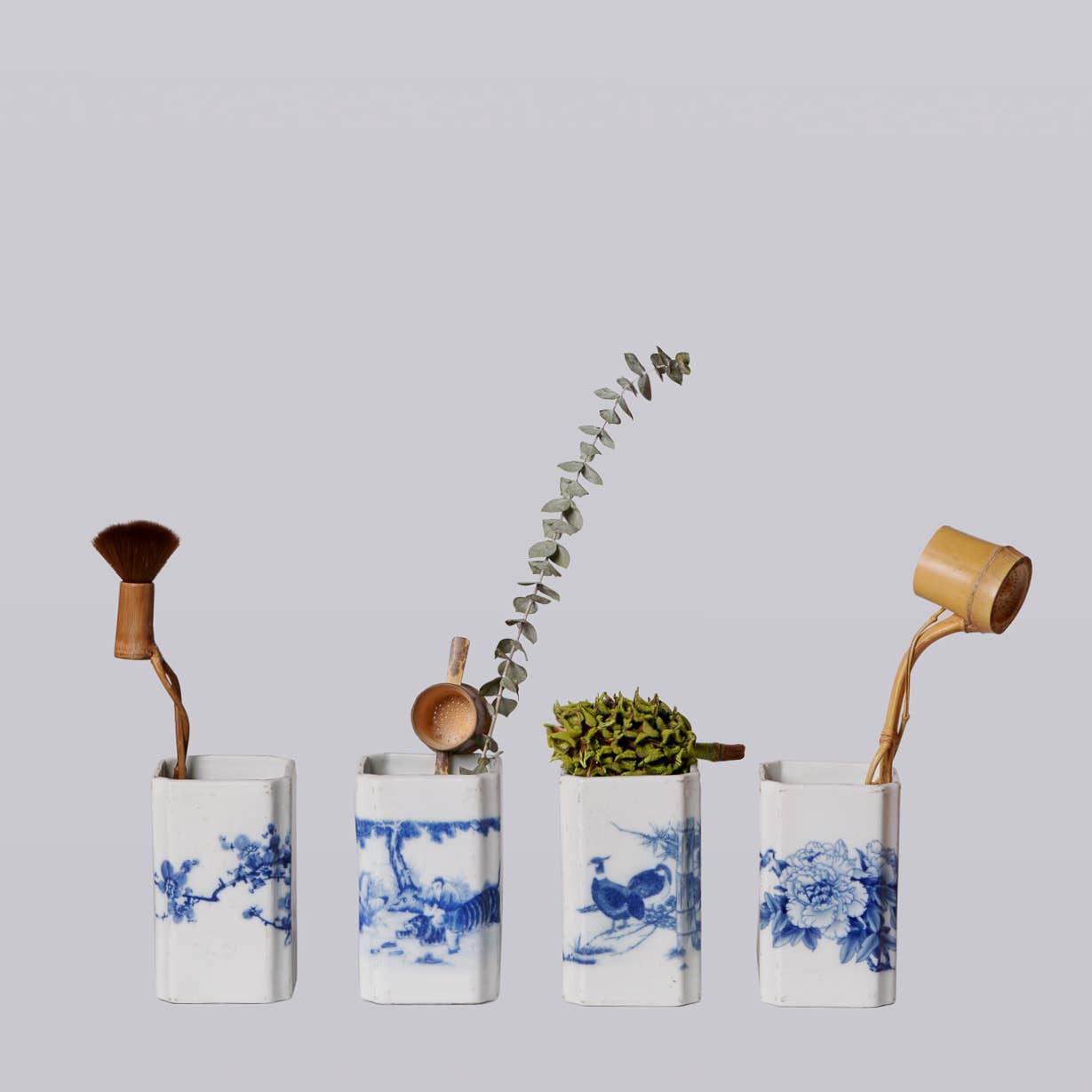 1920s Blue and White Porcelain Peony Square Vase