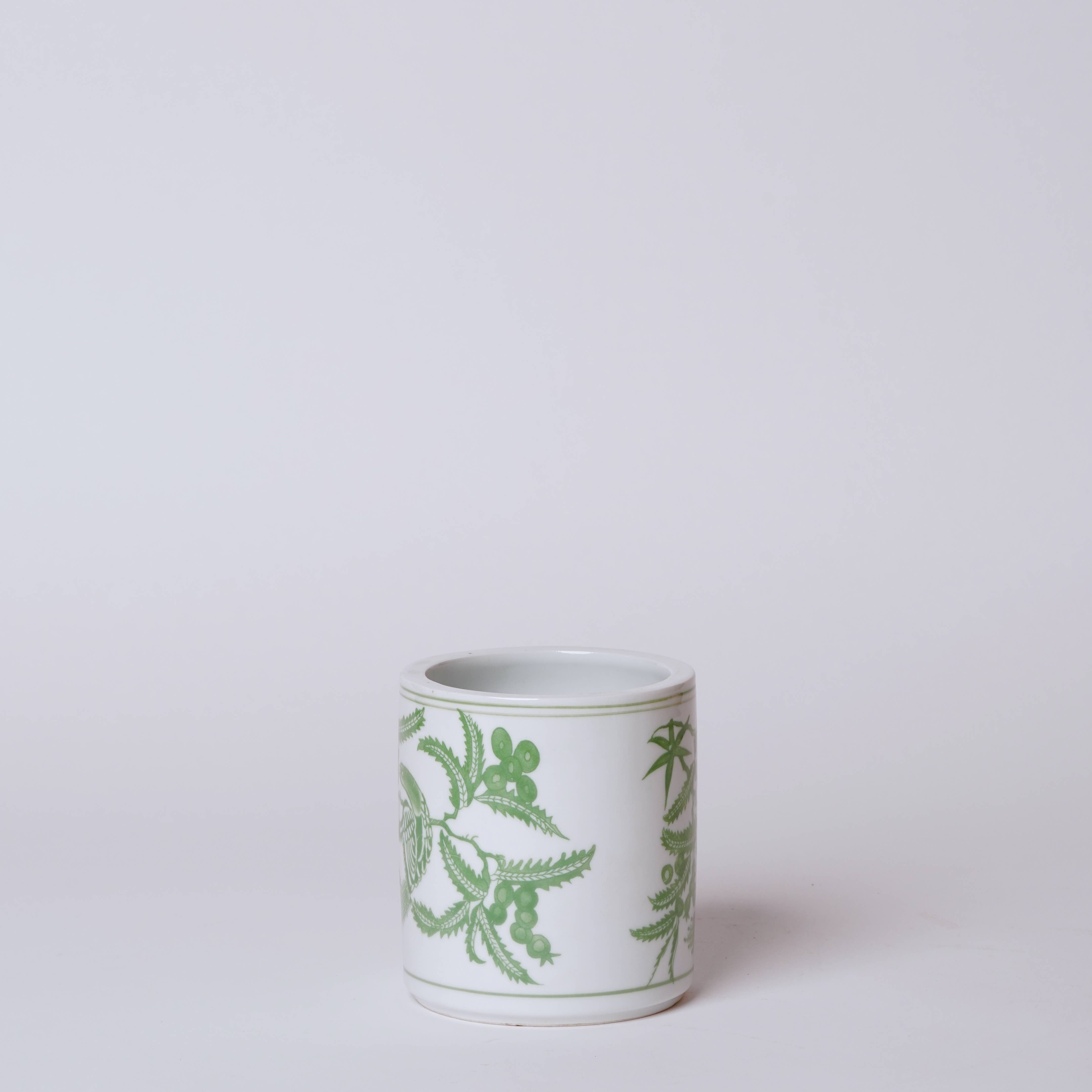 Tiny Green and White Porcelain Bird and Flower Cachepot