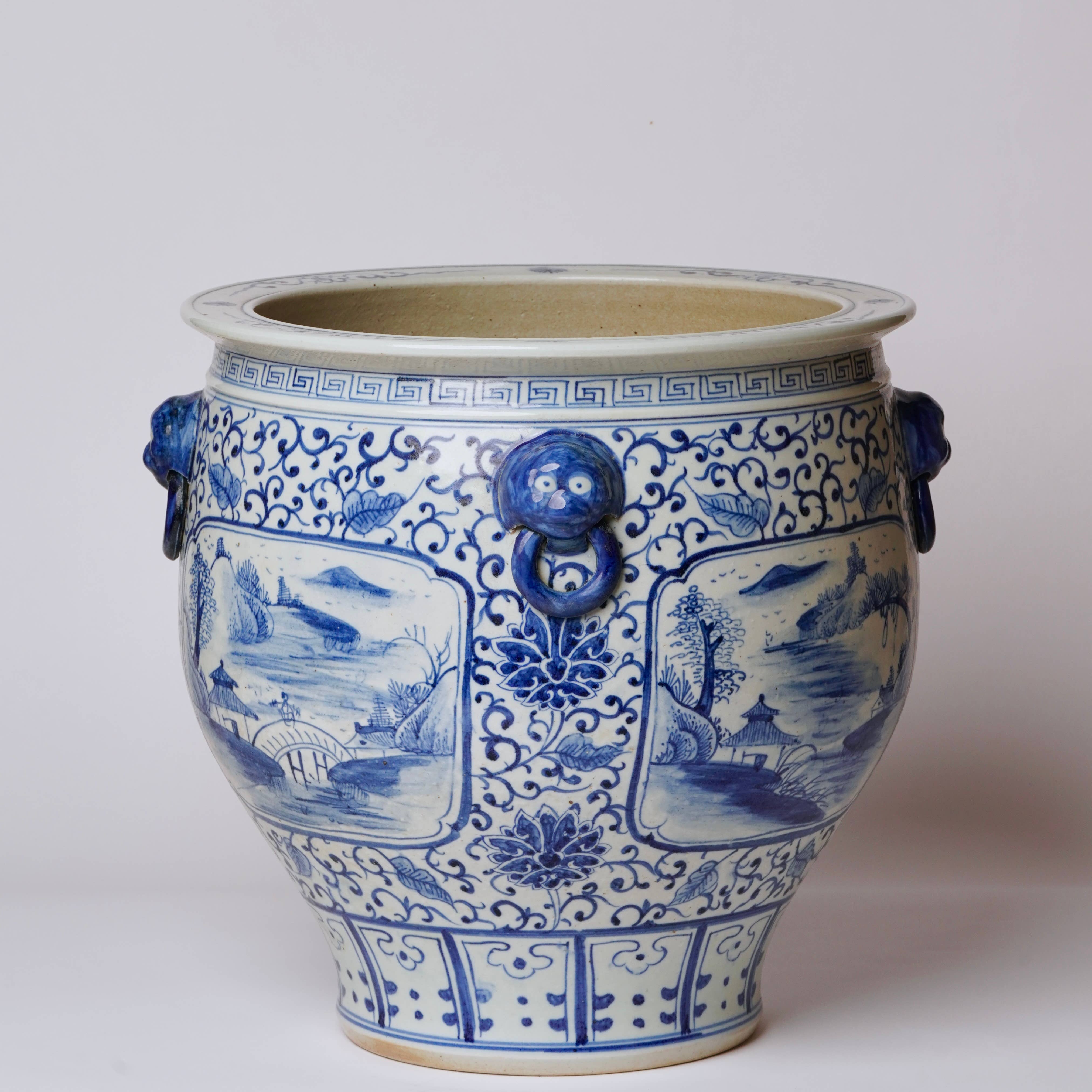 Blue and White Landscape Cartouche Porcelain Planter
