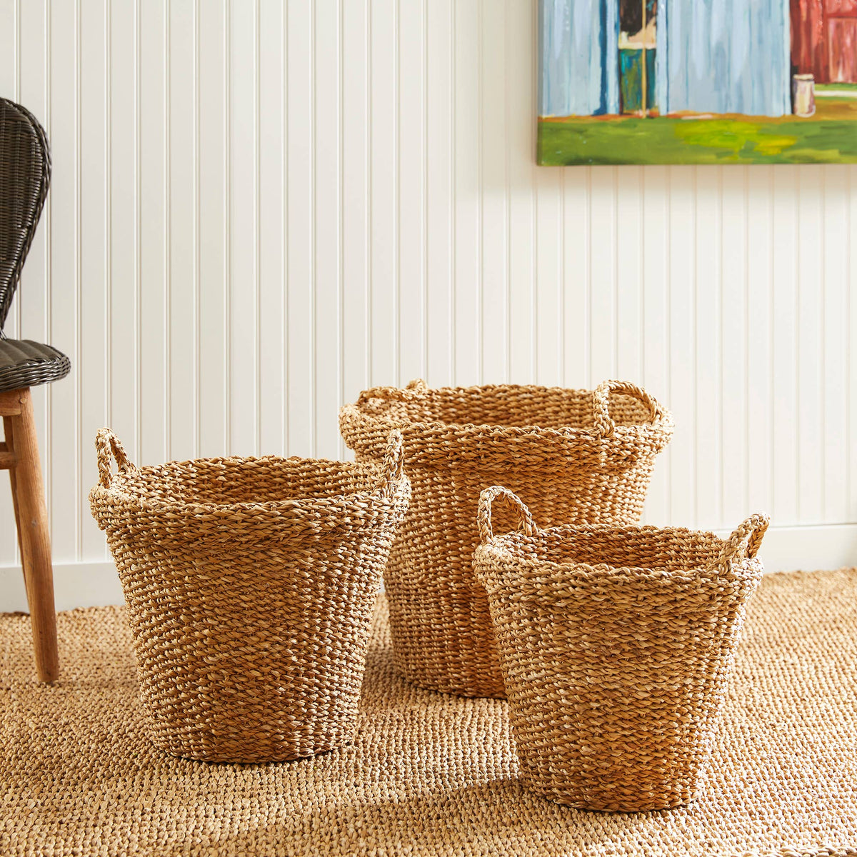 Seagrass Tapered Baskets With Handles And Cuffs, Set of 3